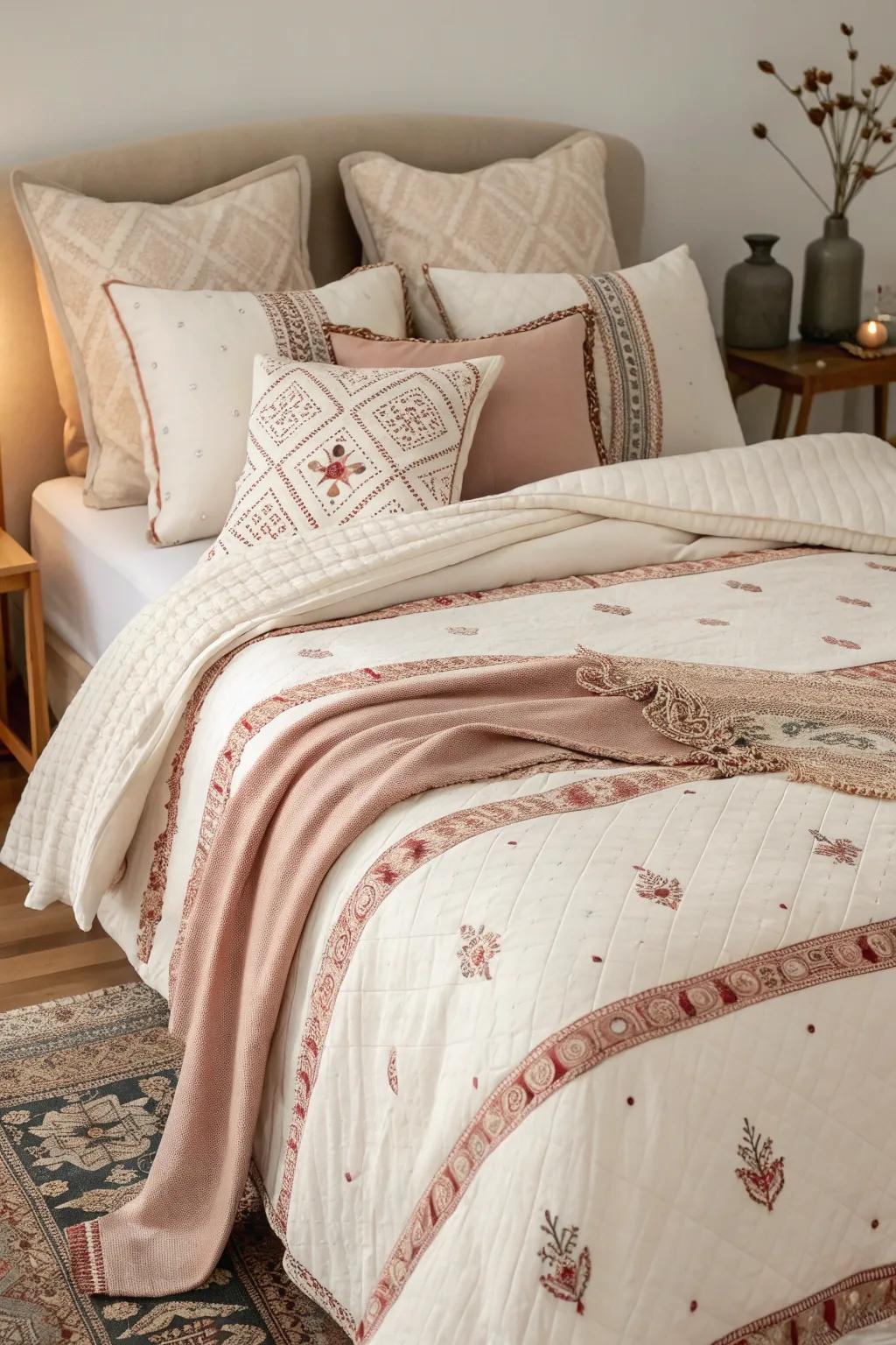 🌸 Play with patterns for a lively yet serene bedroom aesthetic. #PatternMix #InteriorInspo