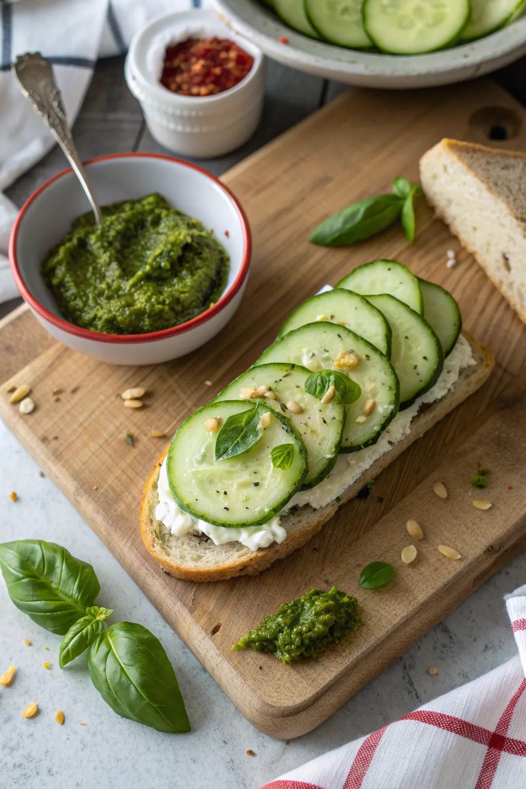 Savor the fusion of Italian flavors with pesto-infused cucumber sandwiches. 🇮🇹 #PestoLove #ItalianFlavors