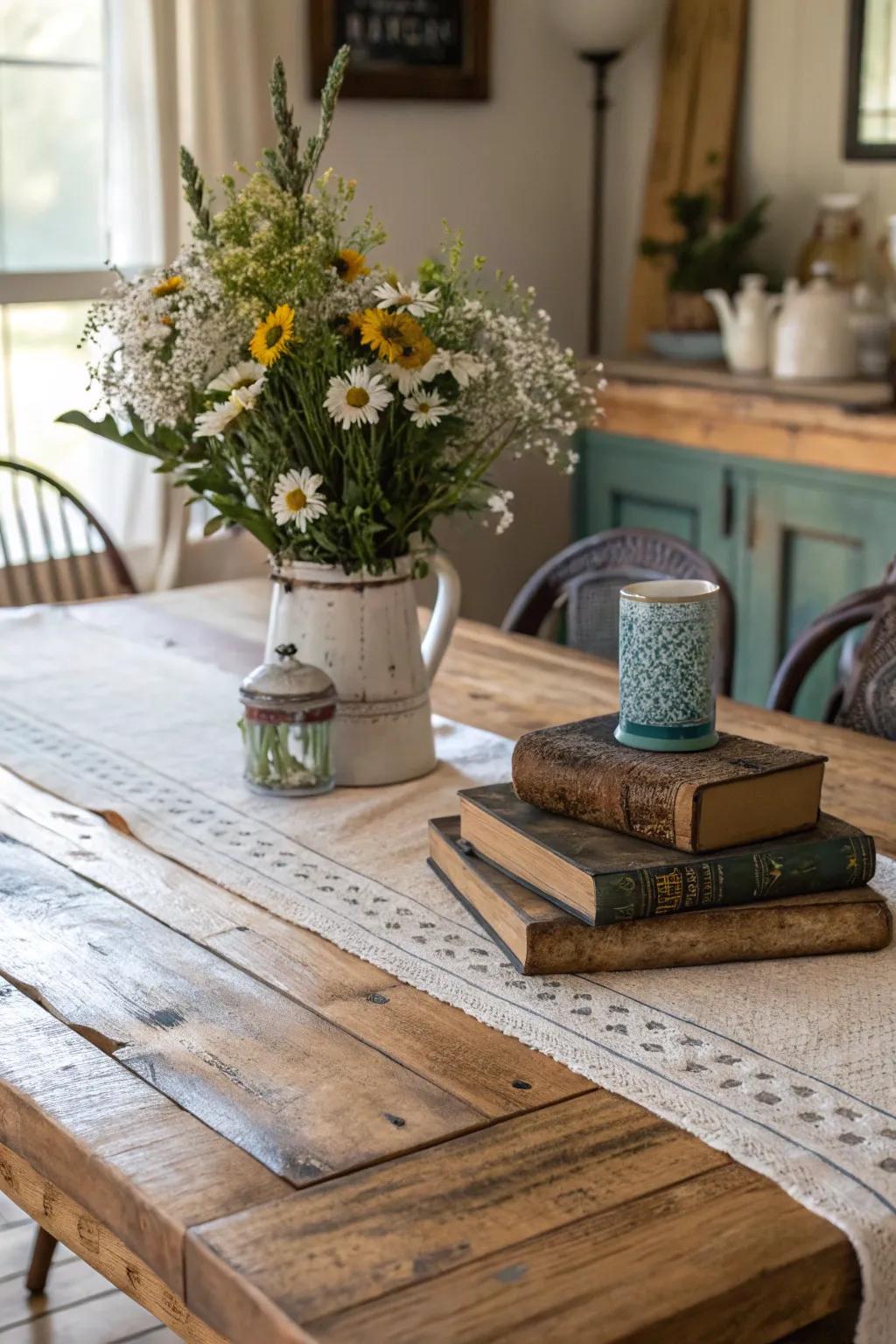 Invite rustic charm into your home with a farmhouse-style dining table. #FarmhouseStyle #RusticDecor #NaturalBeauty