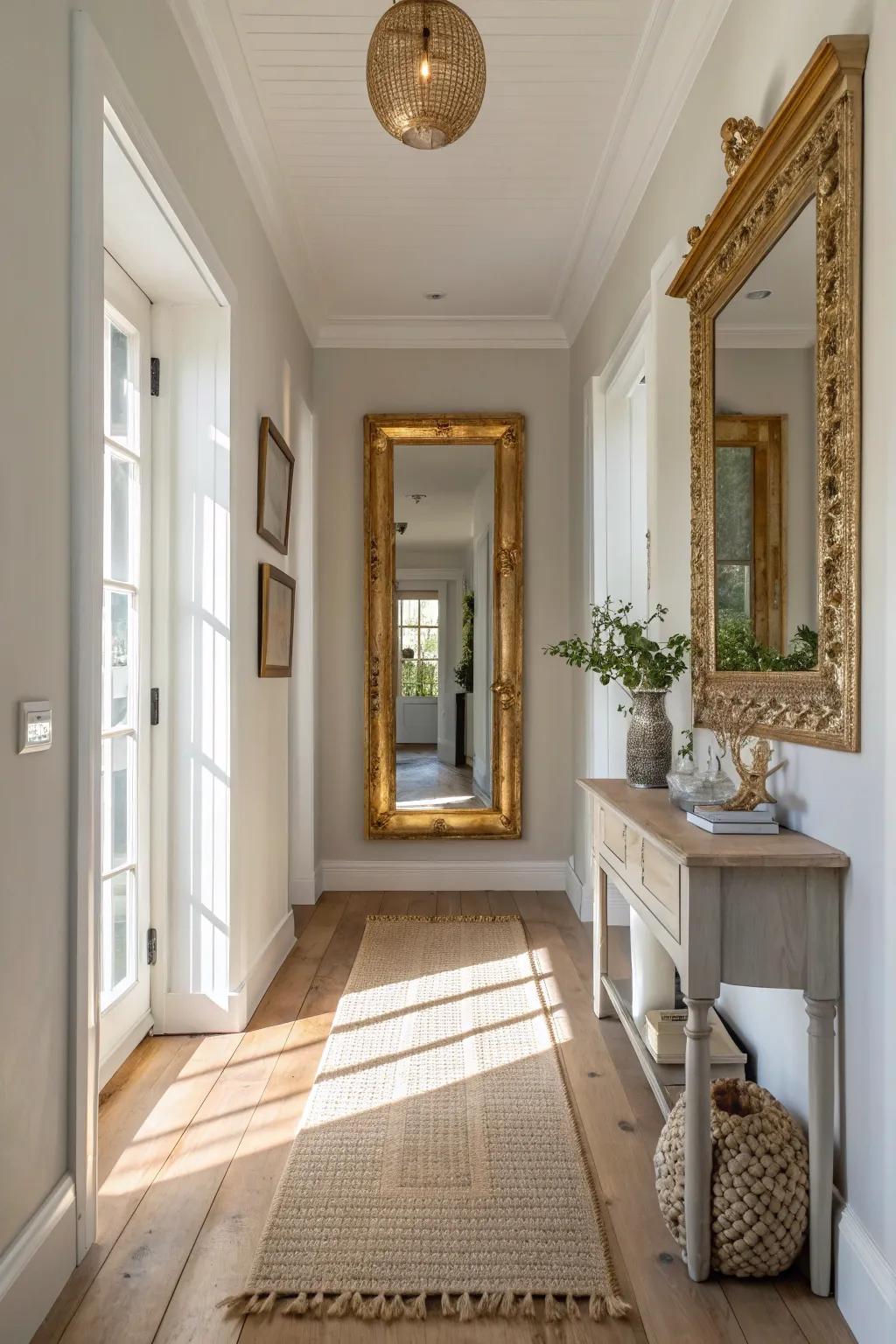 Glam up your hallway with a gold-framed mirror that's sure to impress. ✨ #GlamDecor