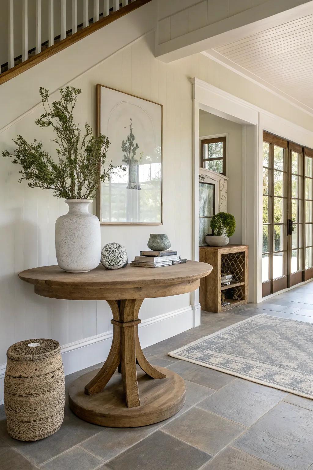 A central table invites conversation and showcases your style. 🌿 #FoyerDesign #HomeDeco