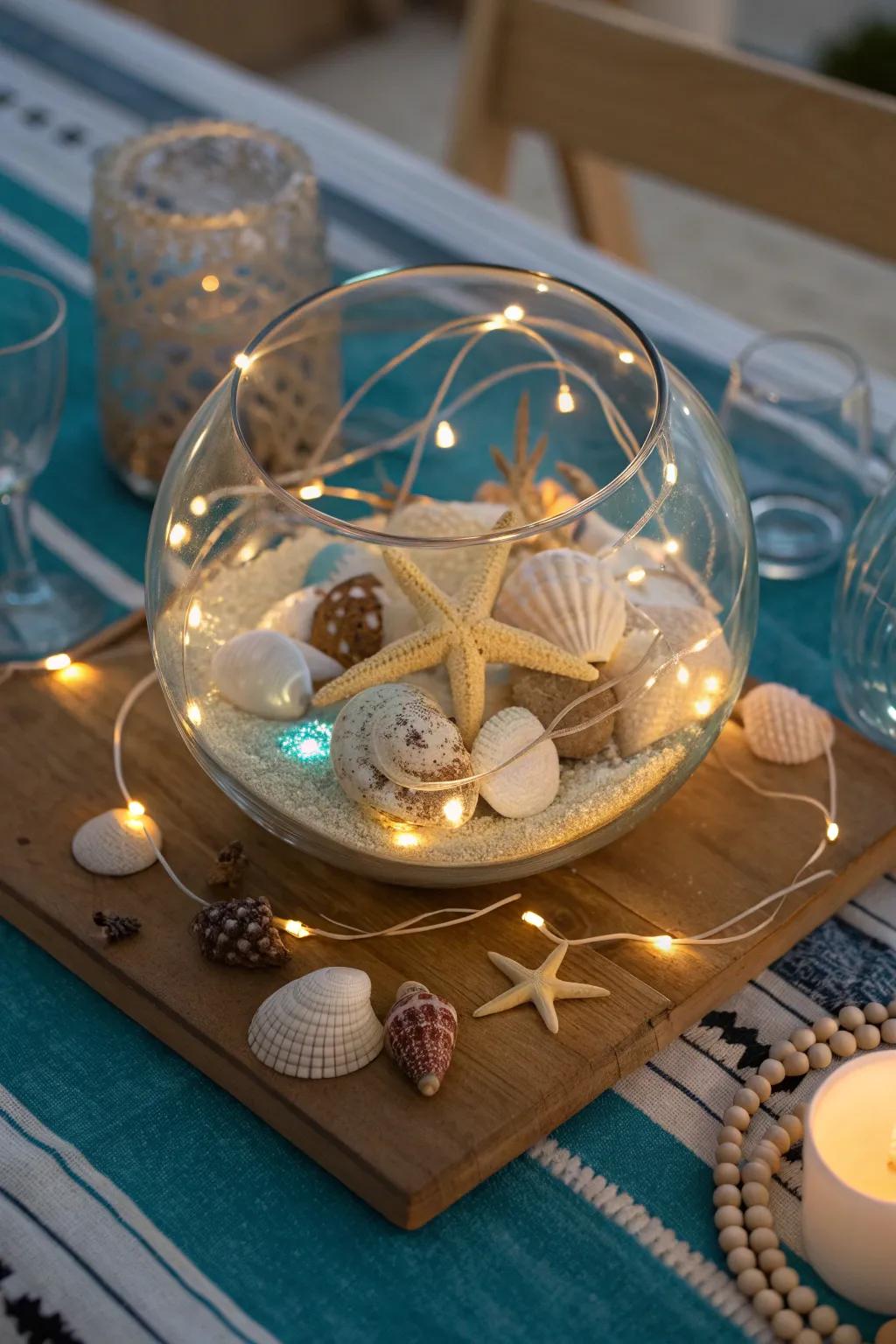 Embrace coastal charm with a seashell and fairy light centerpiece.