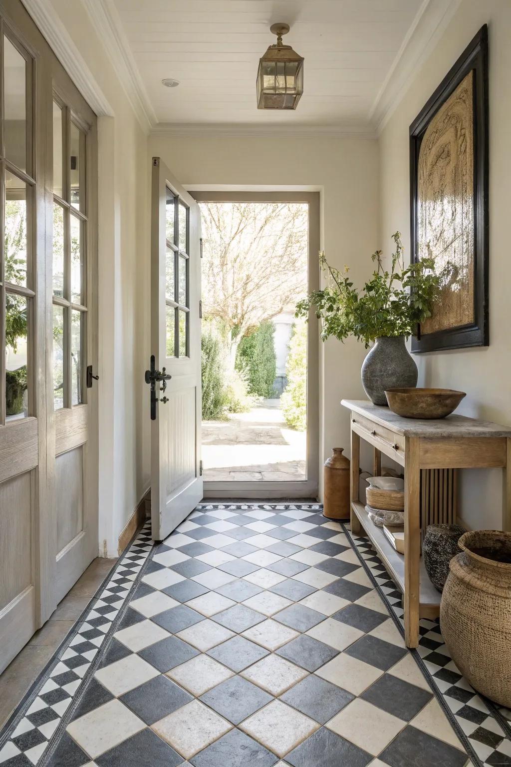 Checkerboard patterns add a playful sophistication to your entryway. 🏁 #TileDesign #ClassicCharm