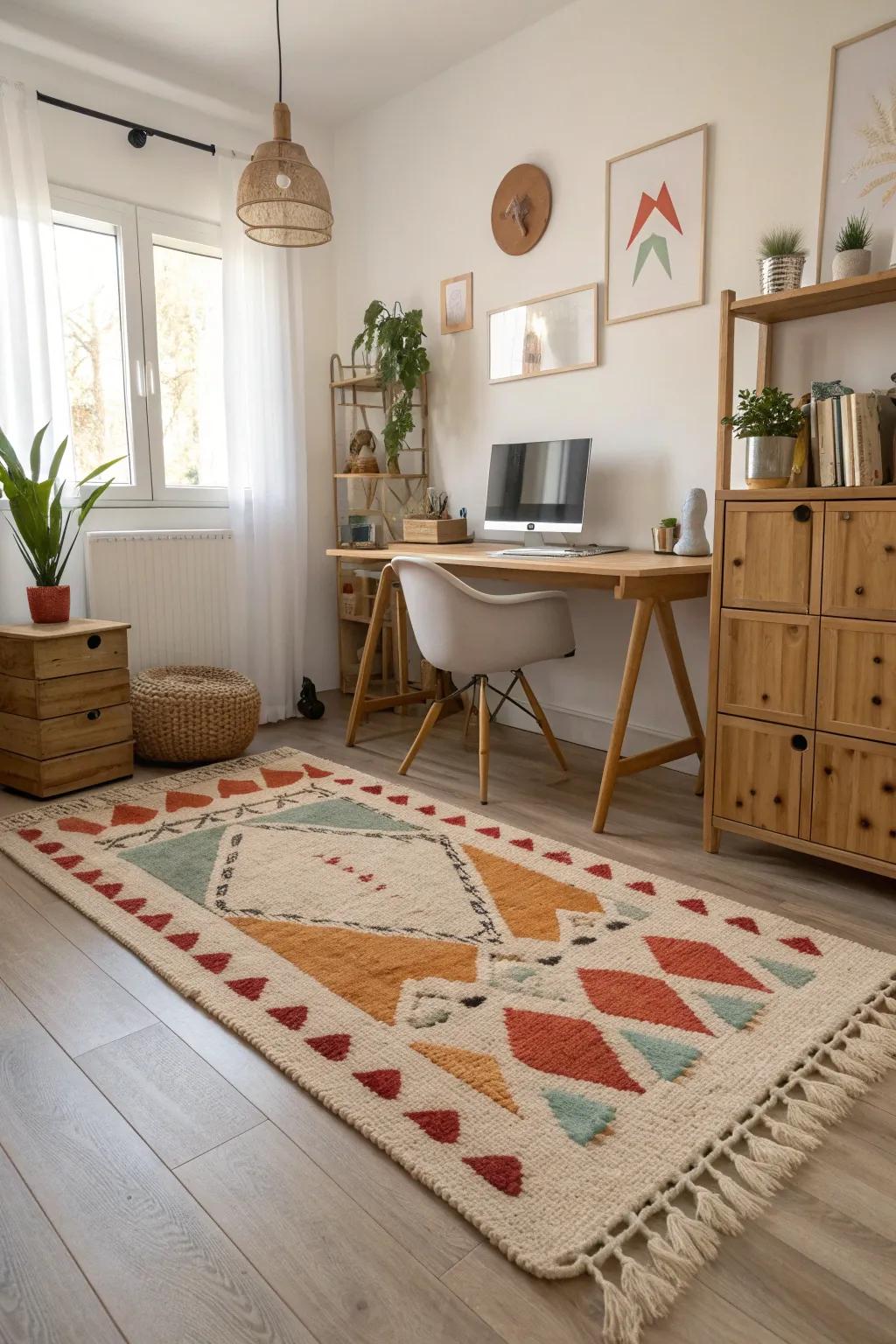 A statement rug can transform your office floor into a canvas of creativity. #StatementRug #OfficeInspiration #DesignDetails
