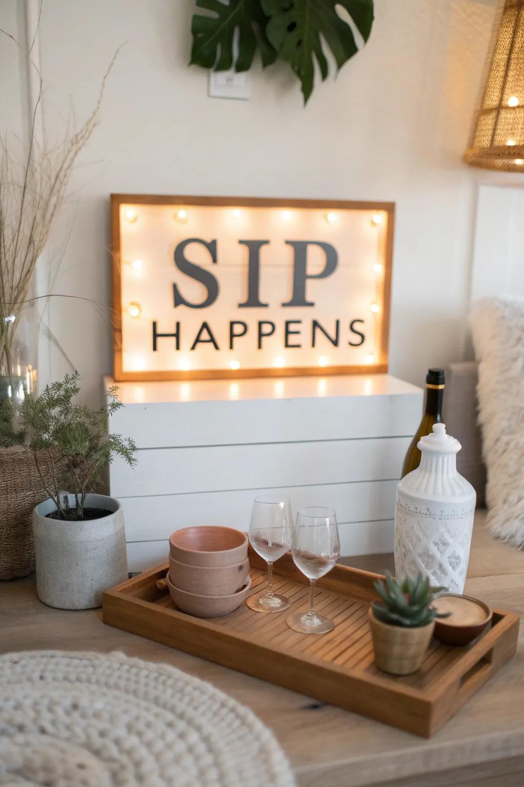 Elevate your home bar with playful signage that sets the tone for a fun evening. 🍸 #HomeBar #CocktailHour #Cheers