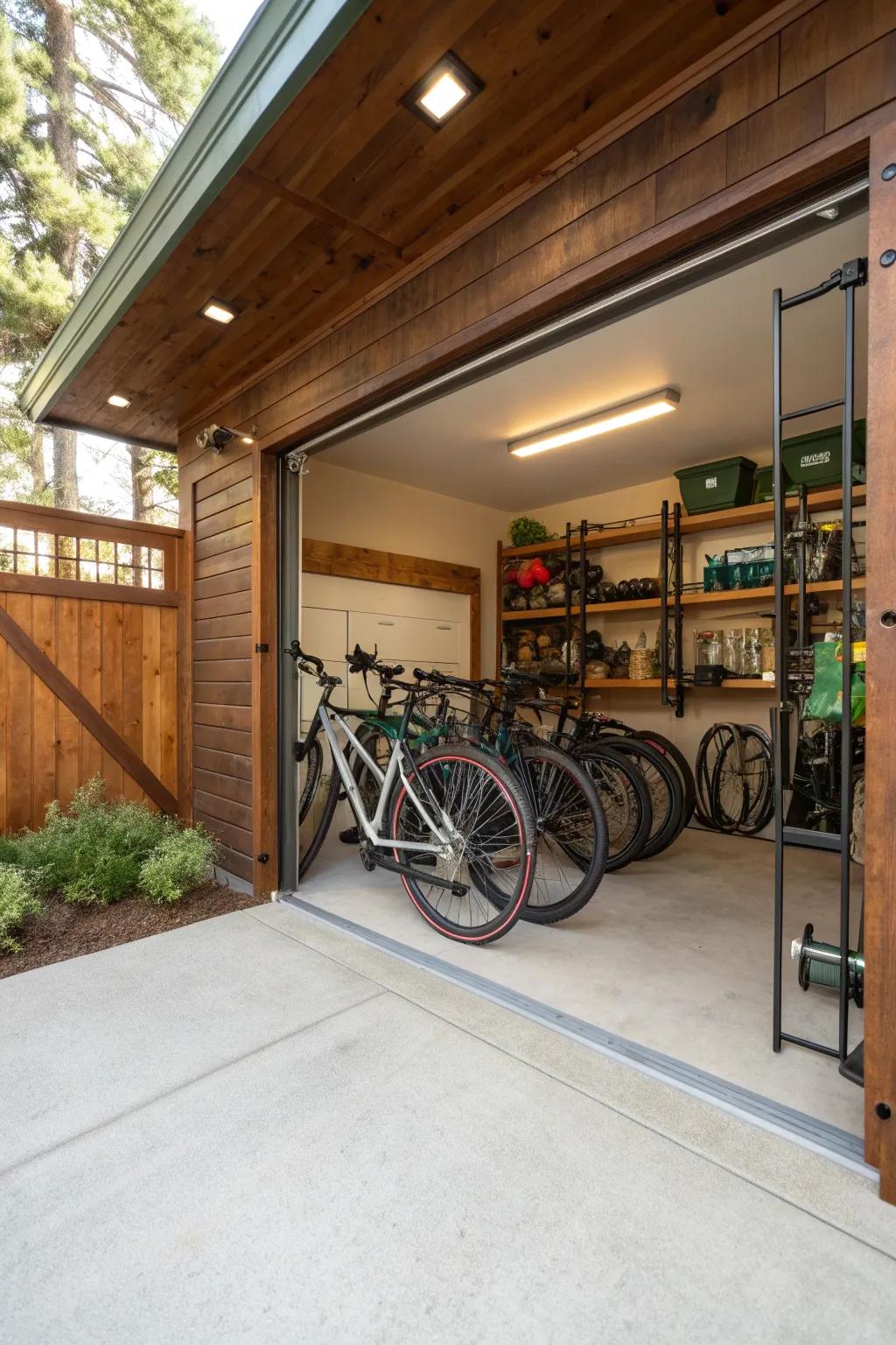 Efficiently store bikes with a wall-mounted rack, freeing up floor space. 🚴‍♂️ #BikeStorage #GarageHacks