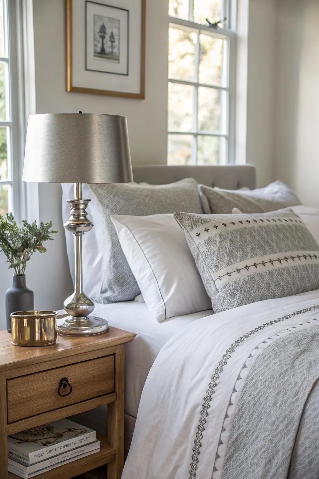 Metallic accents bring a touch of elegance and shine to your serene bedroom. ✨ #MetallicElegance #BedroomGlam