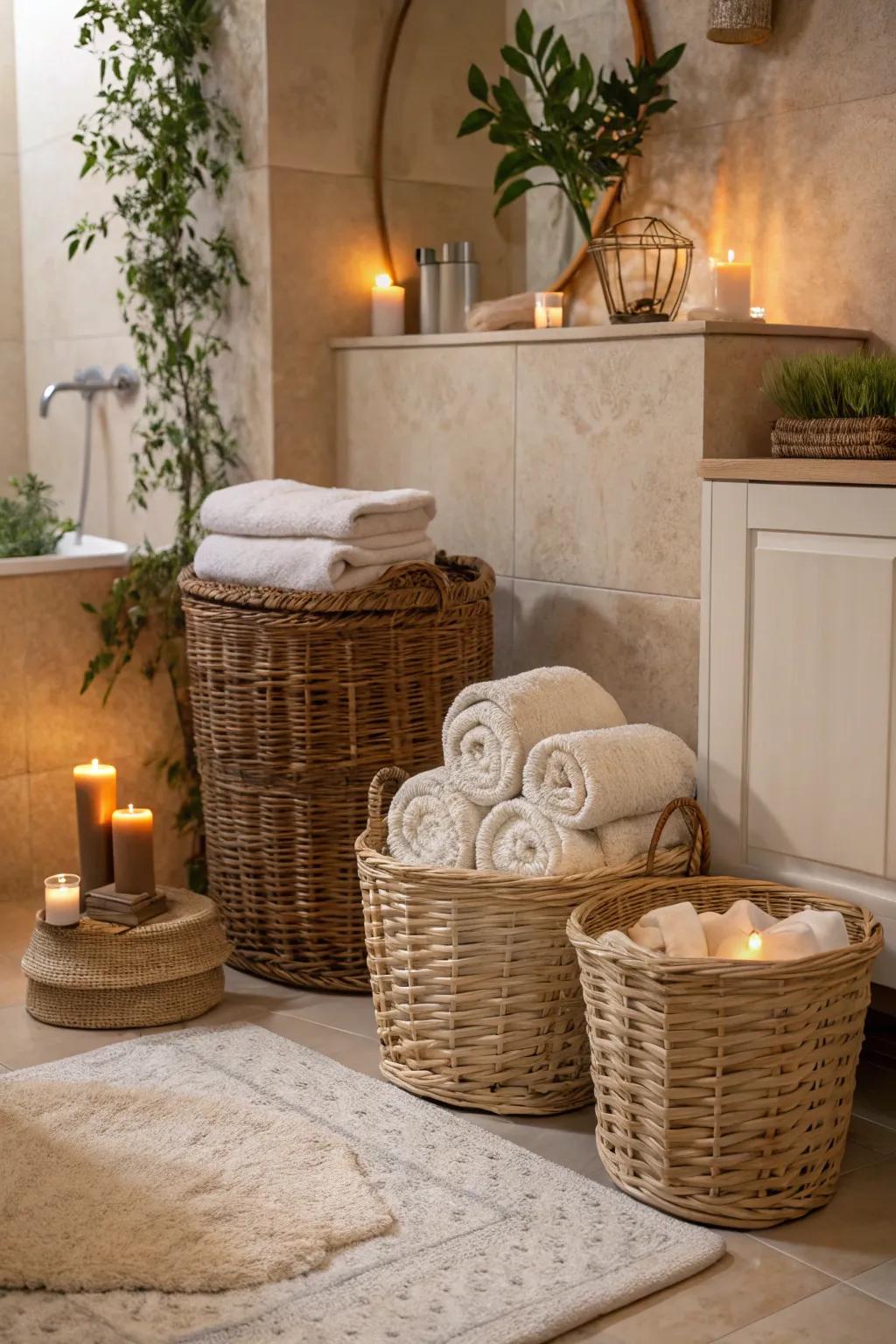 Woven baskets bring texture and flexibility to towel storage. 🧺 #CozySpaces #InteriorLove