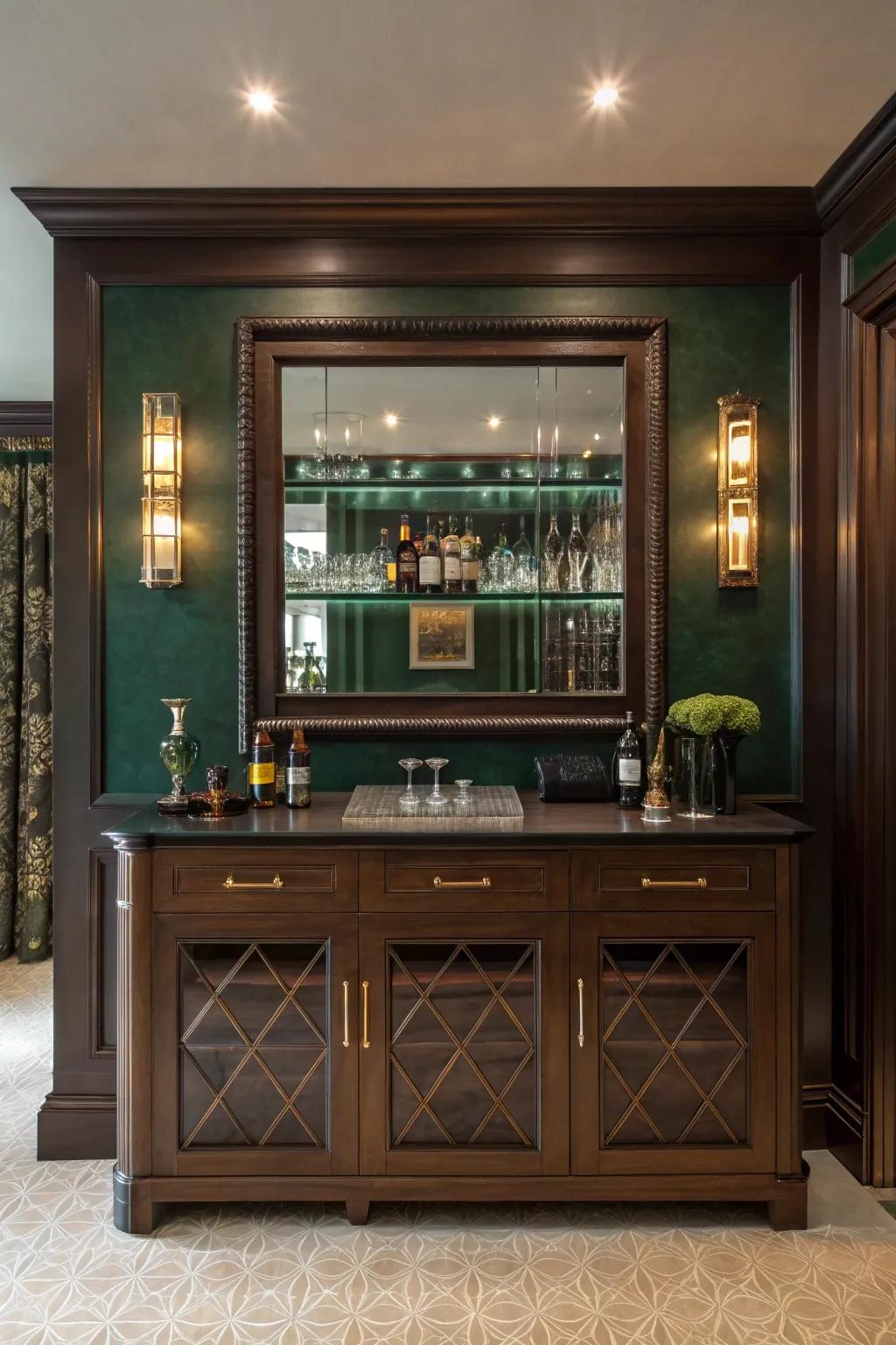 Expand your bar's horizons with a full-wall mirror that doubles its visual space. 🌟 #InteriorDesign #BarIdeas
