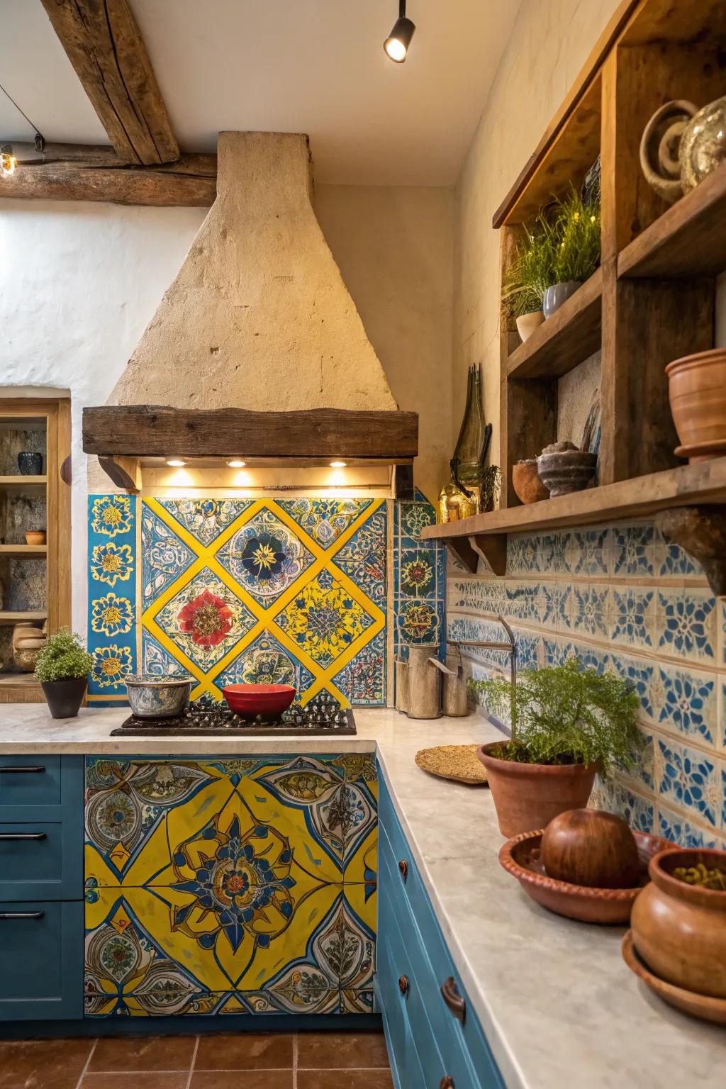 A hand-painted backsplash adds artistic flair and depth. 🎨 #TileArt #VibrantDesign