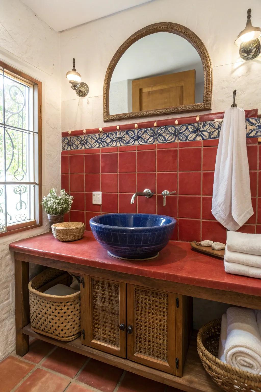 A bold color palette brings life and energy to your bathroom! 🌈 #ColorfulSpaces #MexicanStyle