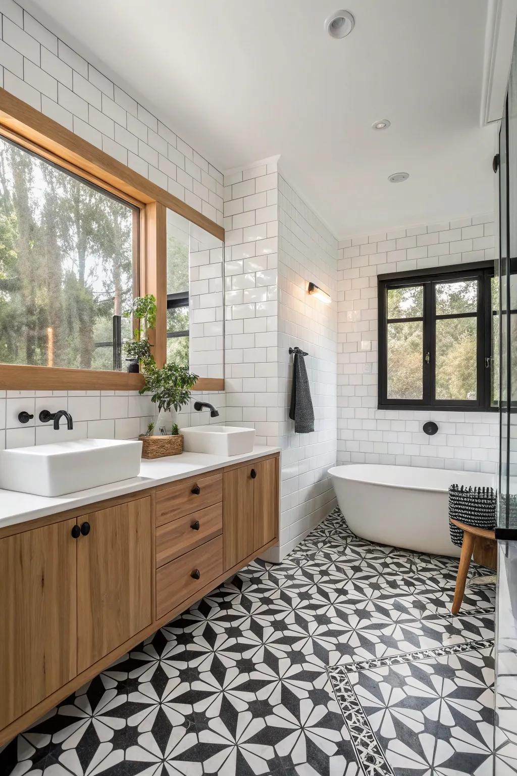 Embrace the elegance of black and white tiles for a bathroom that stands the test of time. 🖤 #BlackAndWhite #TimelessDesign