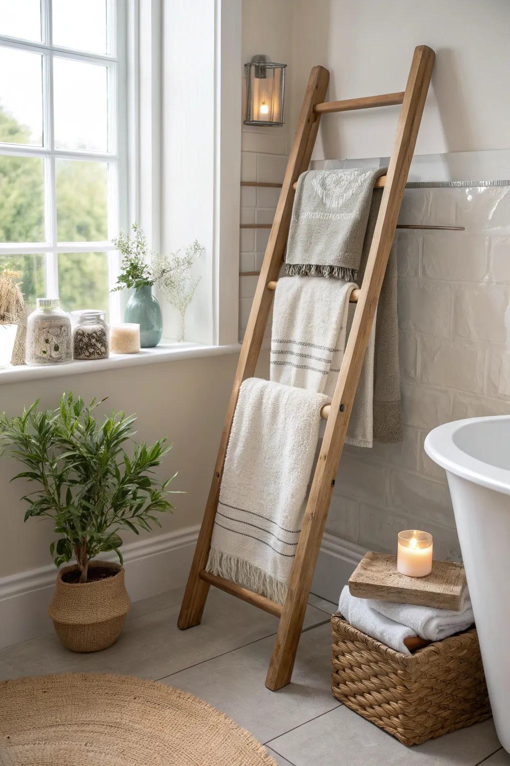 Transform your bathroom into a serene oasis with a mini ladder for towels. 🛁 #BathroomDecor #SpaVibes