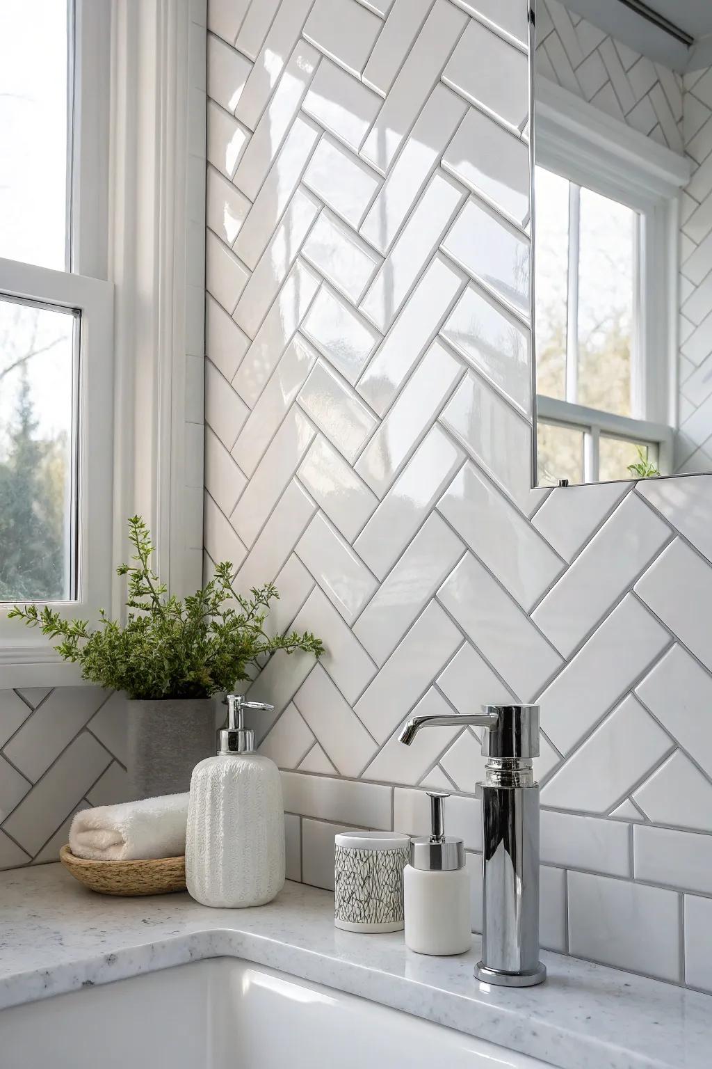Elevate your space with the dynamic movement of a herringbone tile pattern. 🔄 #HerringbonePattern #TileDesign #BathroomTrends
