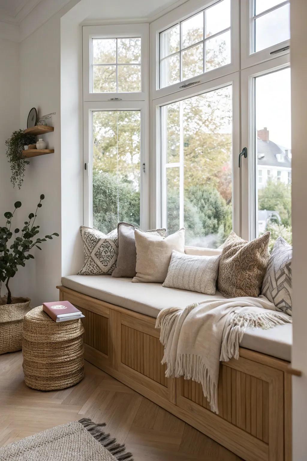 Create the perfect cozy corner with a bay window seating area. 📚 #CozyCorner #ReadingNook #BayWindow