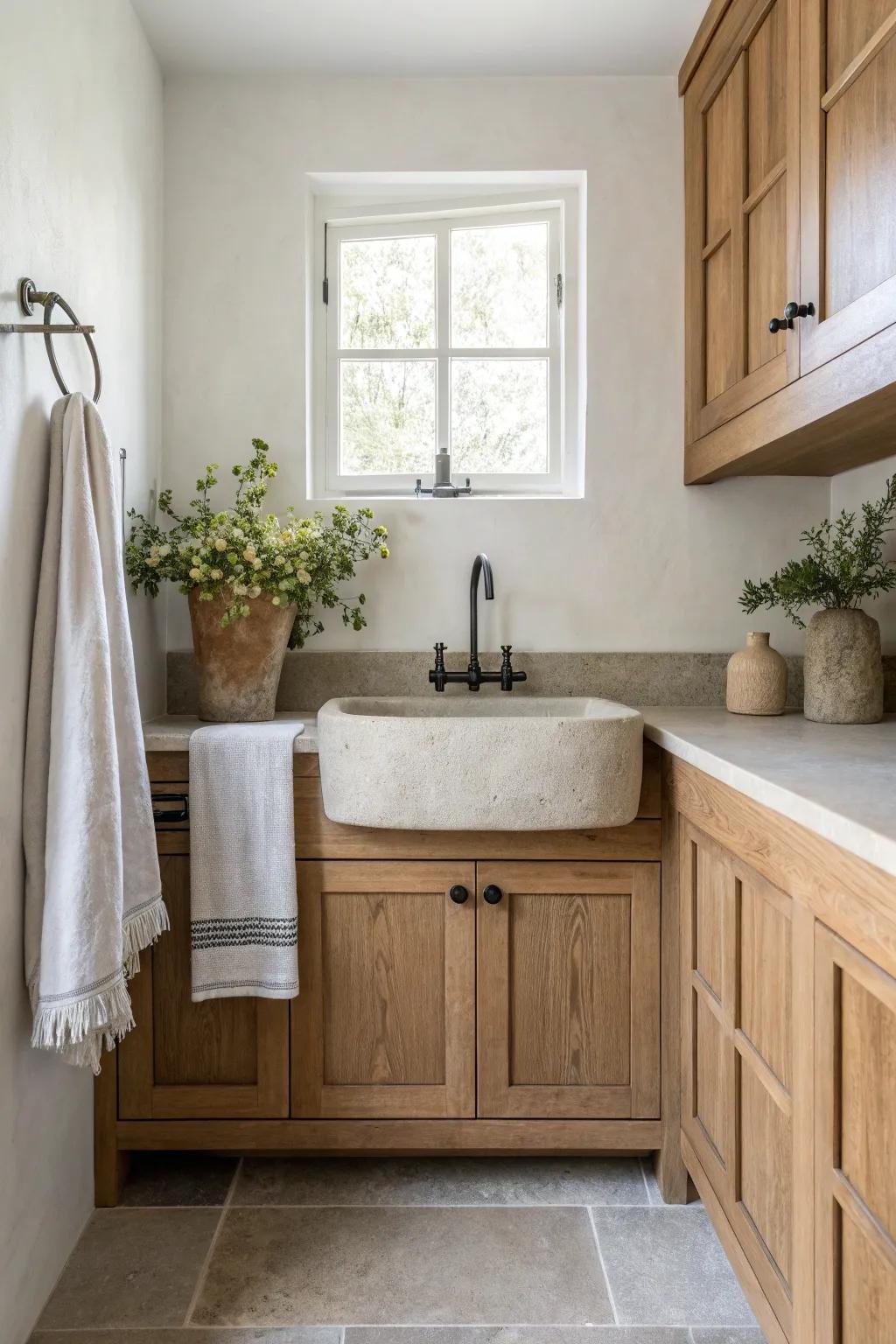 Create an inviting mudroom with a warm mix of wood and stone materials. 🌿 #MixedMaterials #InteriorMagic