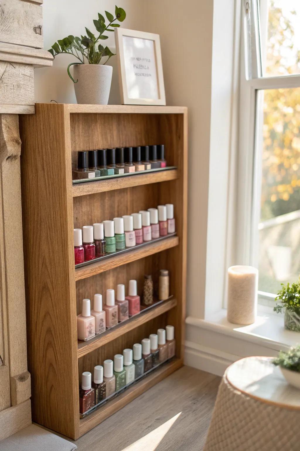 Turn a classic bookcase into a chic nail polish display that showcases your collection in style. 📚 #VintageCharm #Upcycle