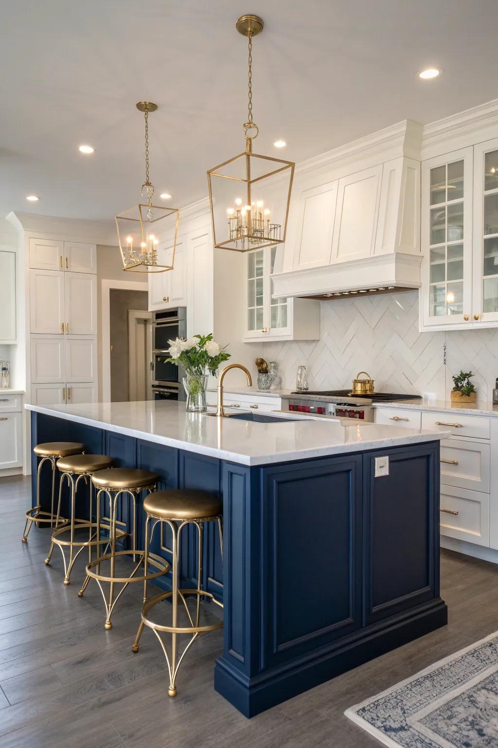 Anchor your kitchen with a bold navy island that commands attention and style.