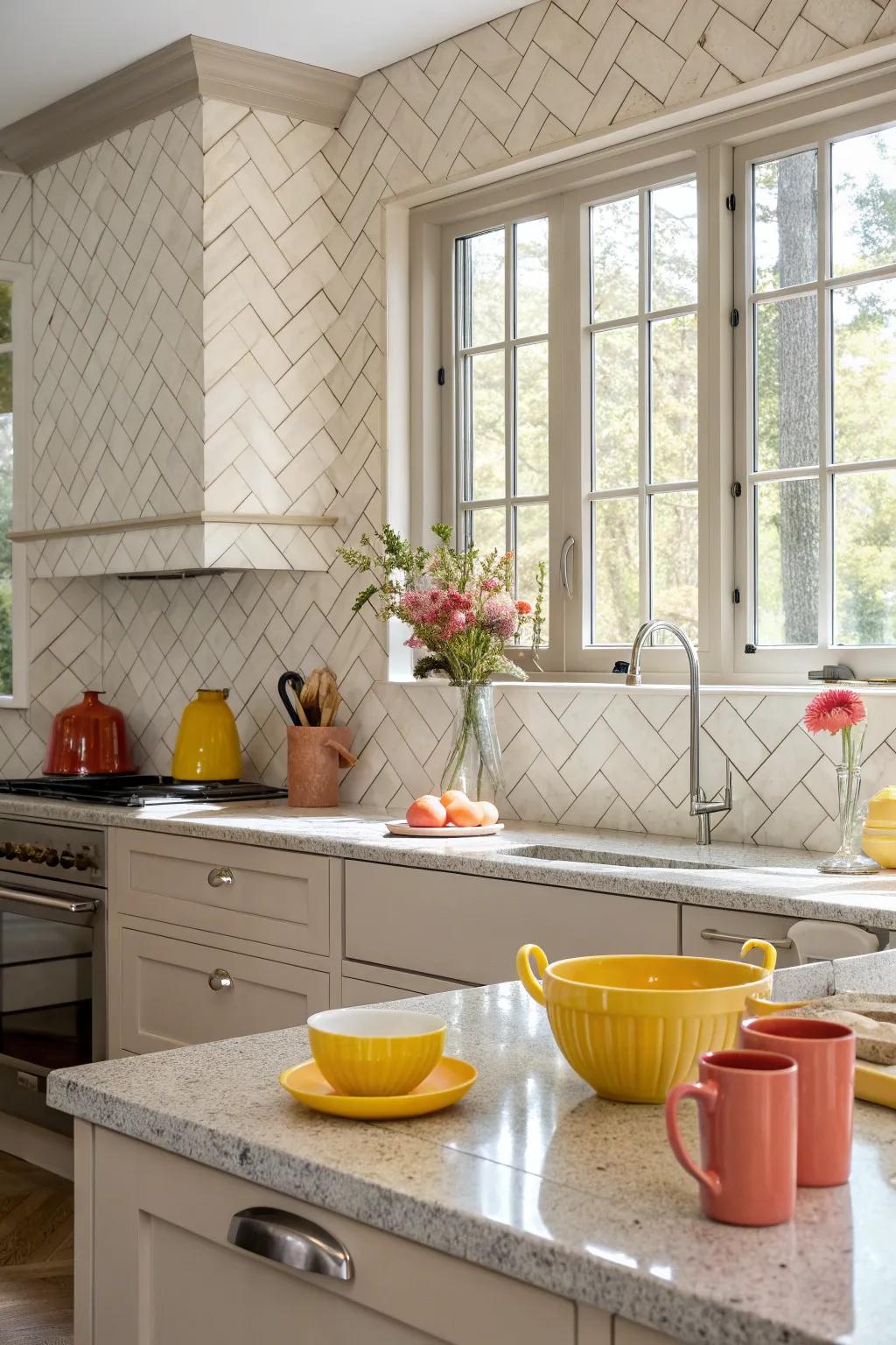 Chevron tiles add a playful twist to neutral kitchens, balancing style with subtlety.