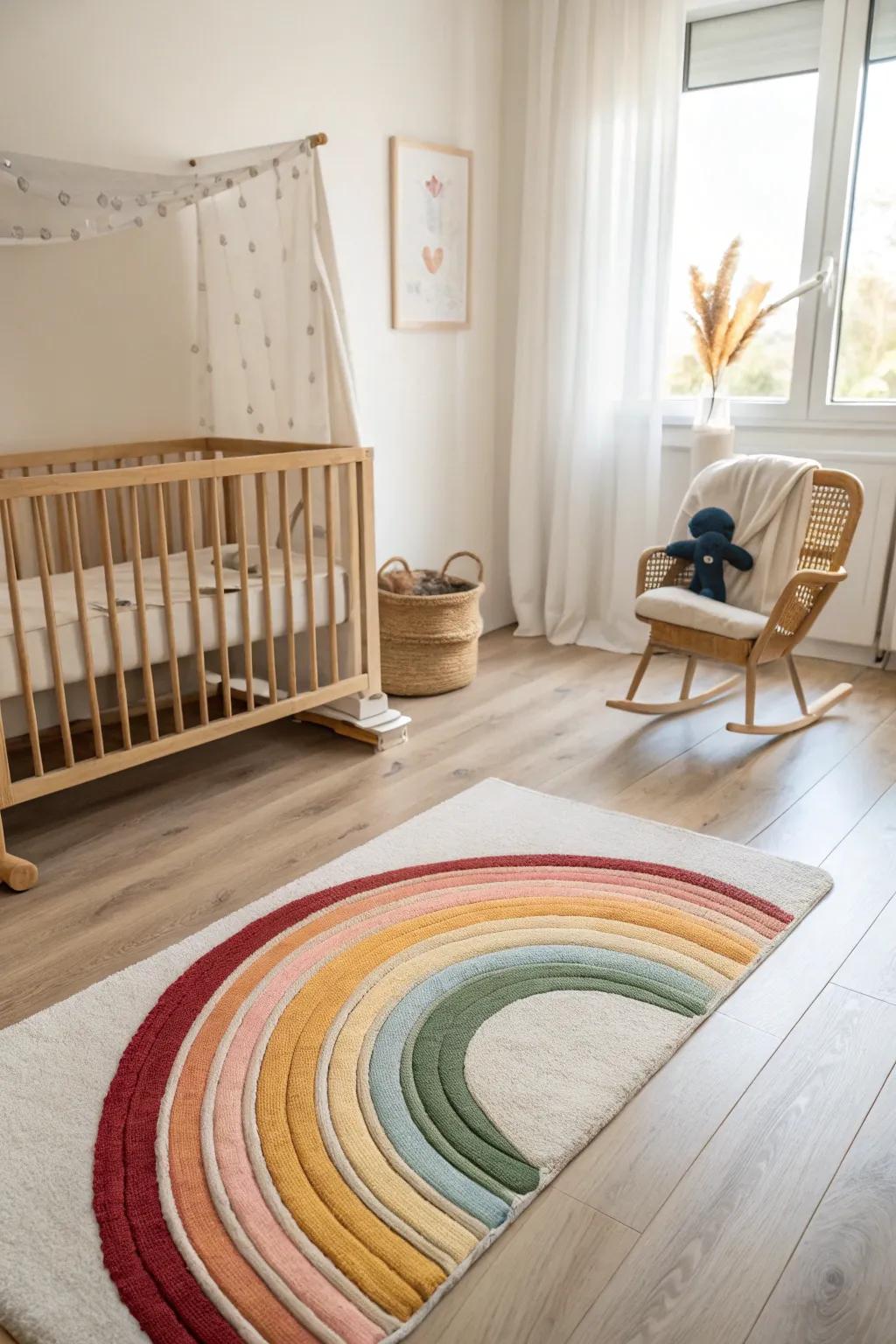Brighten up your nursery with a rainbow rug that adds a splash of joy and color. 🌈 #ColorfulRooms #NurseryDecor