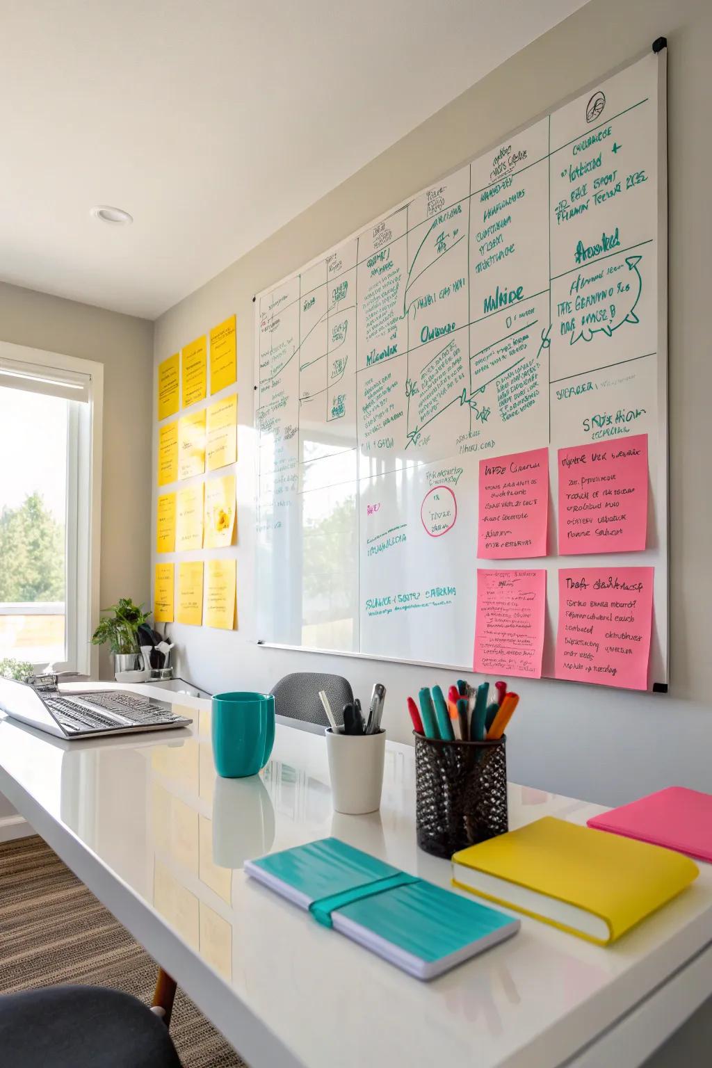 Capture your ideas in real-time with an office whiteboard wall that doubles as decor.