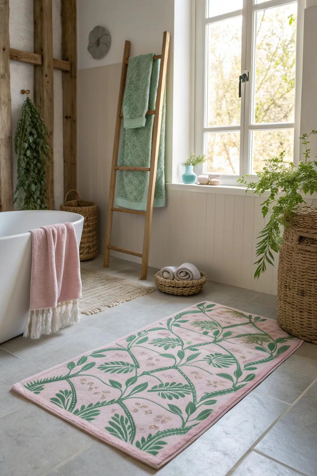 Add texture and interest with patterned textiles in pink and green for a quick bathroom update. 🛁 #BathroomTextiles #PatternPlay #DecorInspo