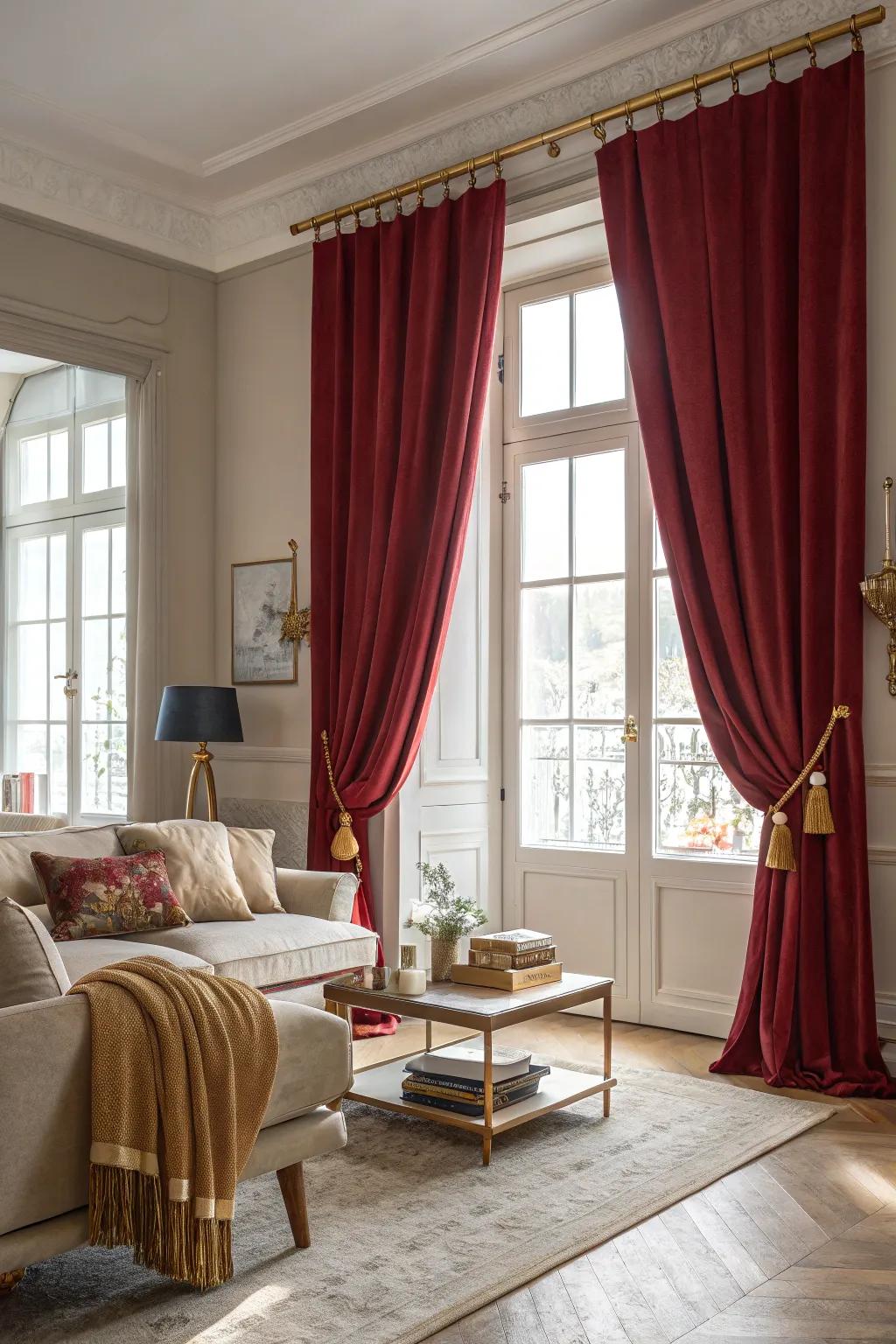 Rich red curtains with gold tiebacks add drama and elegance to your windows.