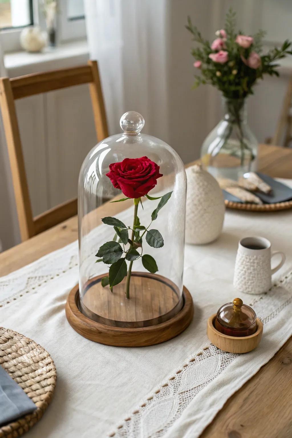 Capture timeless beauty with a red rose under a glass cloche. 🌹✨ #EnchantedDecor #CozyHome