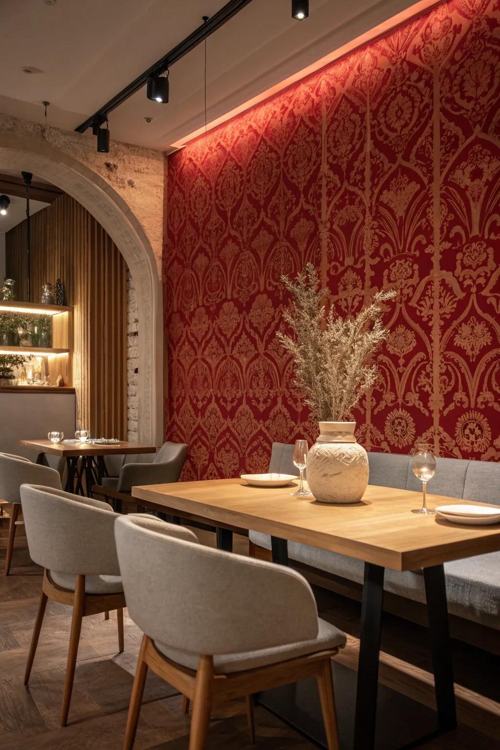 Ornate red patterns create a dramatic and elegant dining space. 🌟 #OrnateDesign #DiningRoomStyle