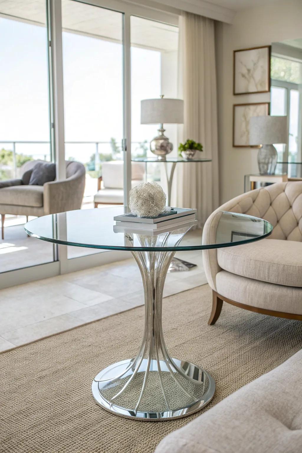 Achieve a sleek look with a glass base that adds a touch of modern magic. #InteriorInspo #GlassStyle