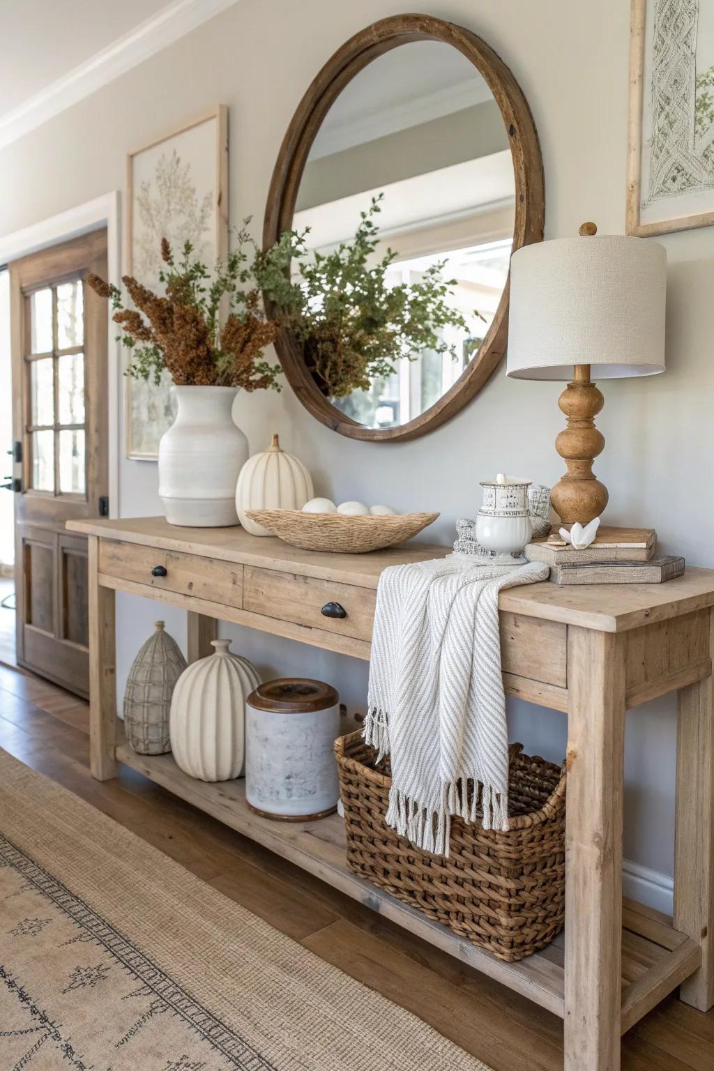 Seasonal decor adds a dynamic, ever-changing charm to your rustic entryway.