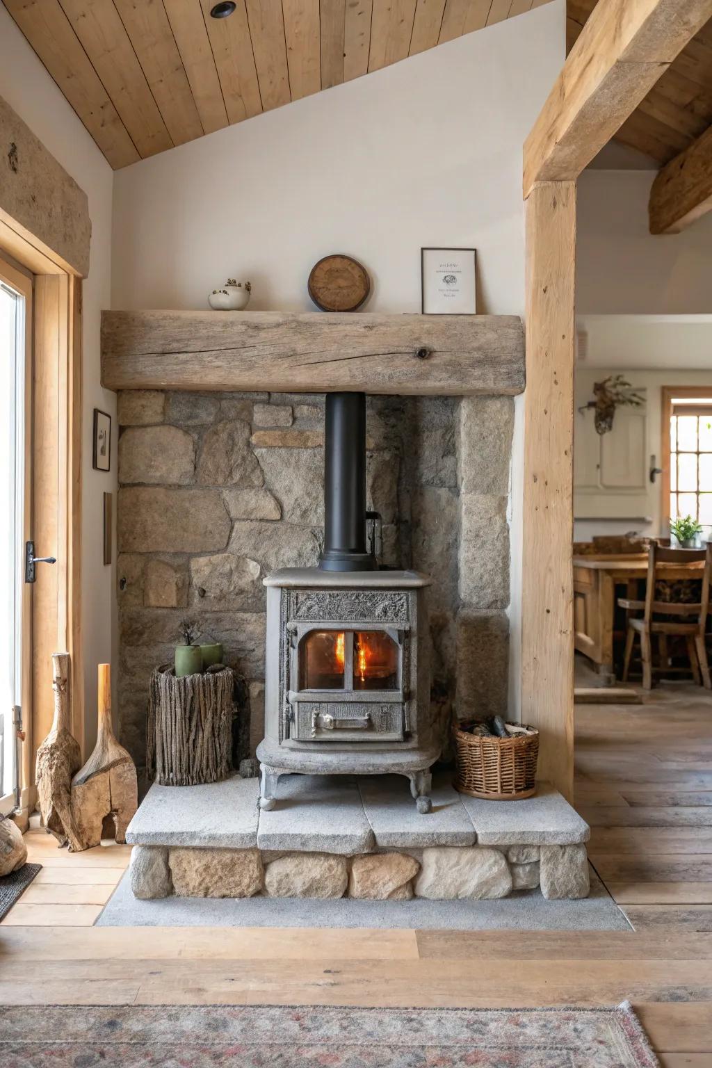 A stove insert adds charm and efficiency to your rustic fireplace. #FireplaceIdeas #AntiqueStyle