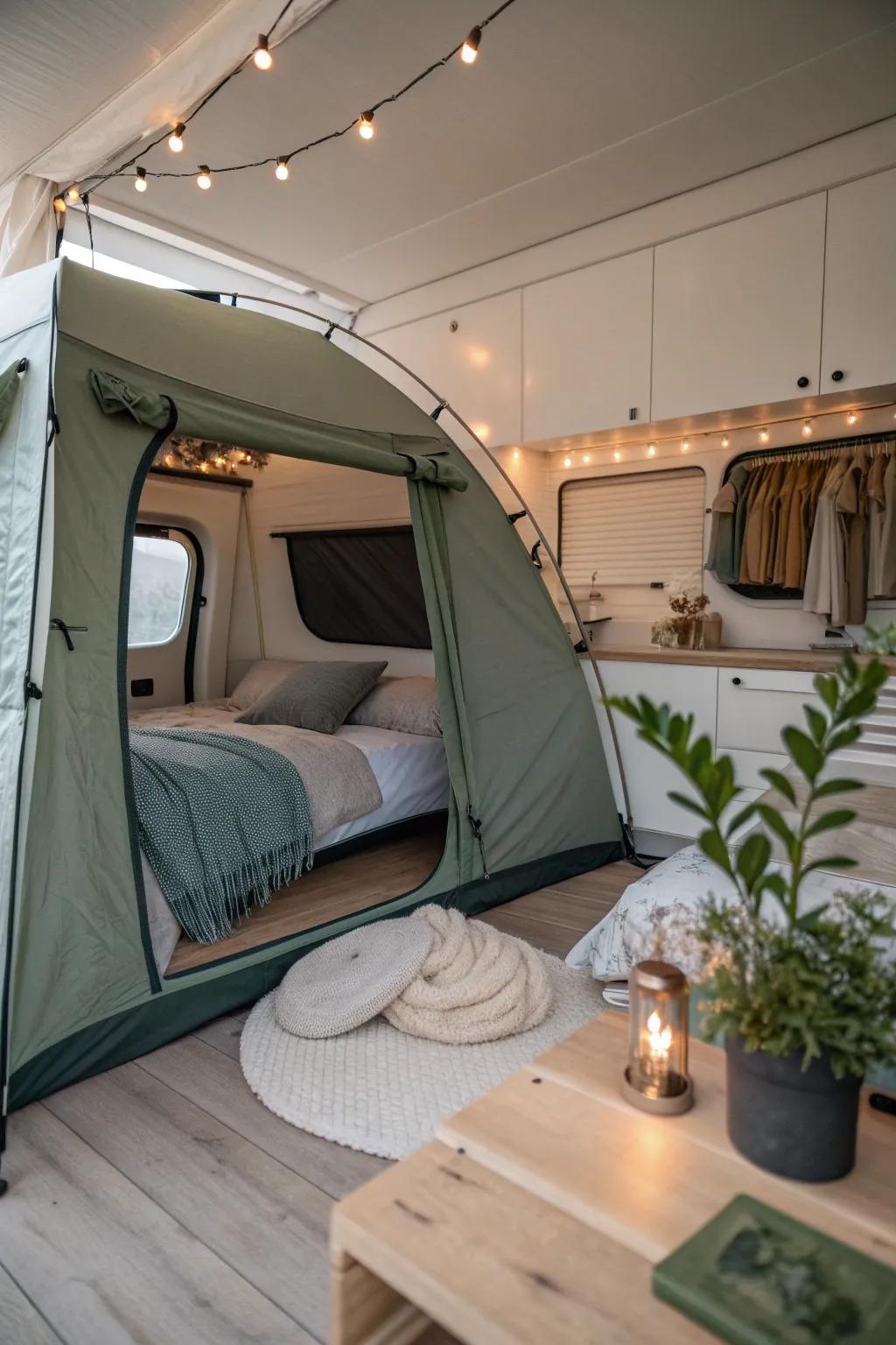 Ensure sweet dreams with a pop-up tent for a peaceful, darkened sleep spot. 🌜 #CozySpaces #RVNursery #PeacefulNights