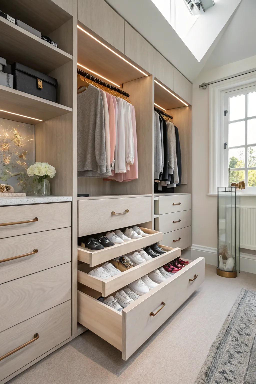 Achieve a clean and modern look with hidden drawers for your sneaker collection. #HiddenStorage #ClutterFree