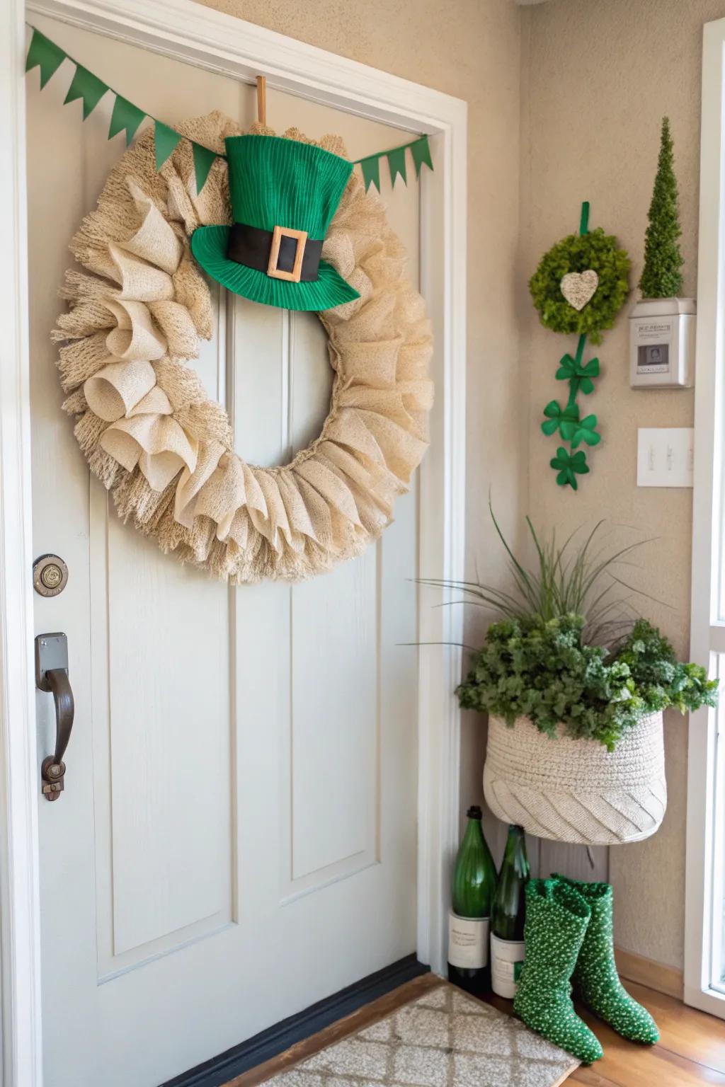 A leprechaun's hat wreath is a whimsical touch for your door! 🎩🍀 #LeprechaunStyle #WhimsicalDecor