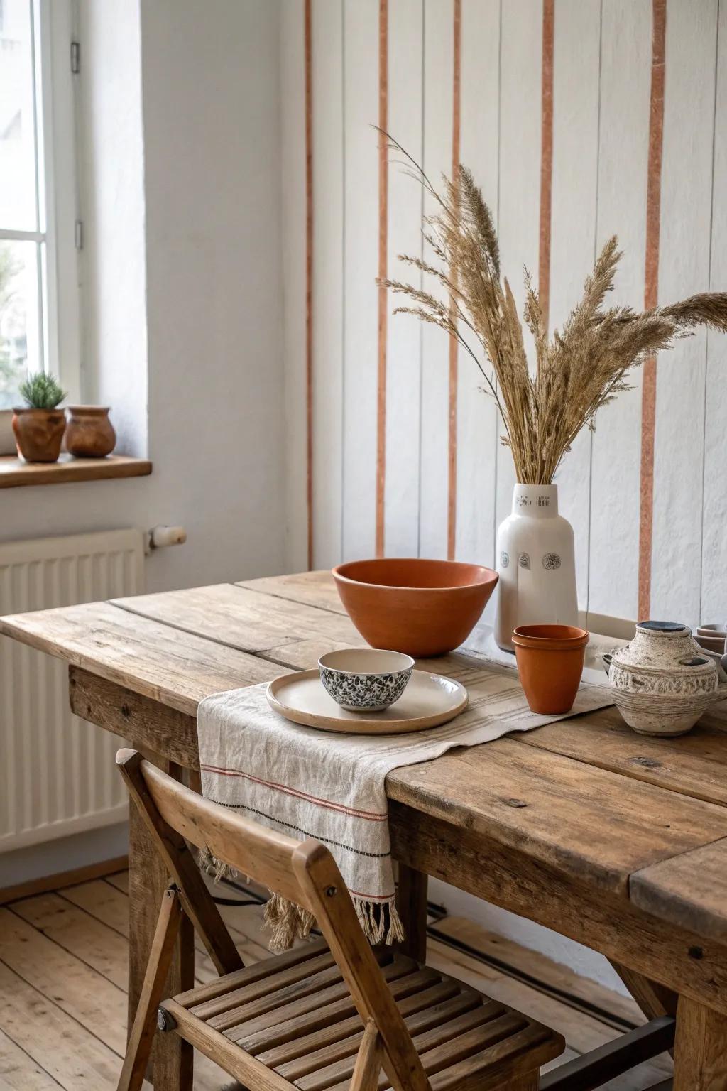 Blend rustic charm with stripes for a cozy kitchen that feels like home. 🍂 #RusticCharm #CozyVibes #KitchenStyle
