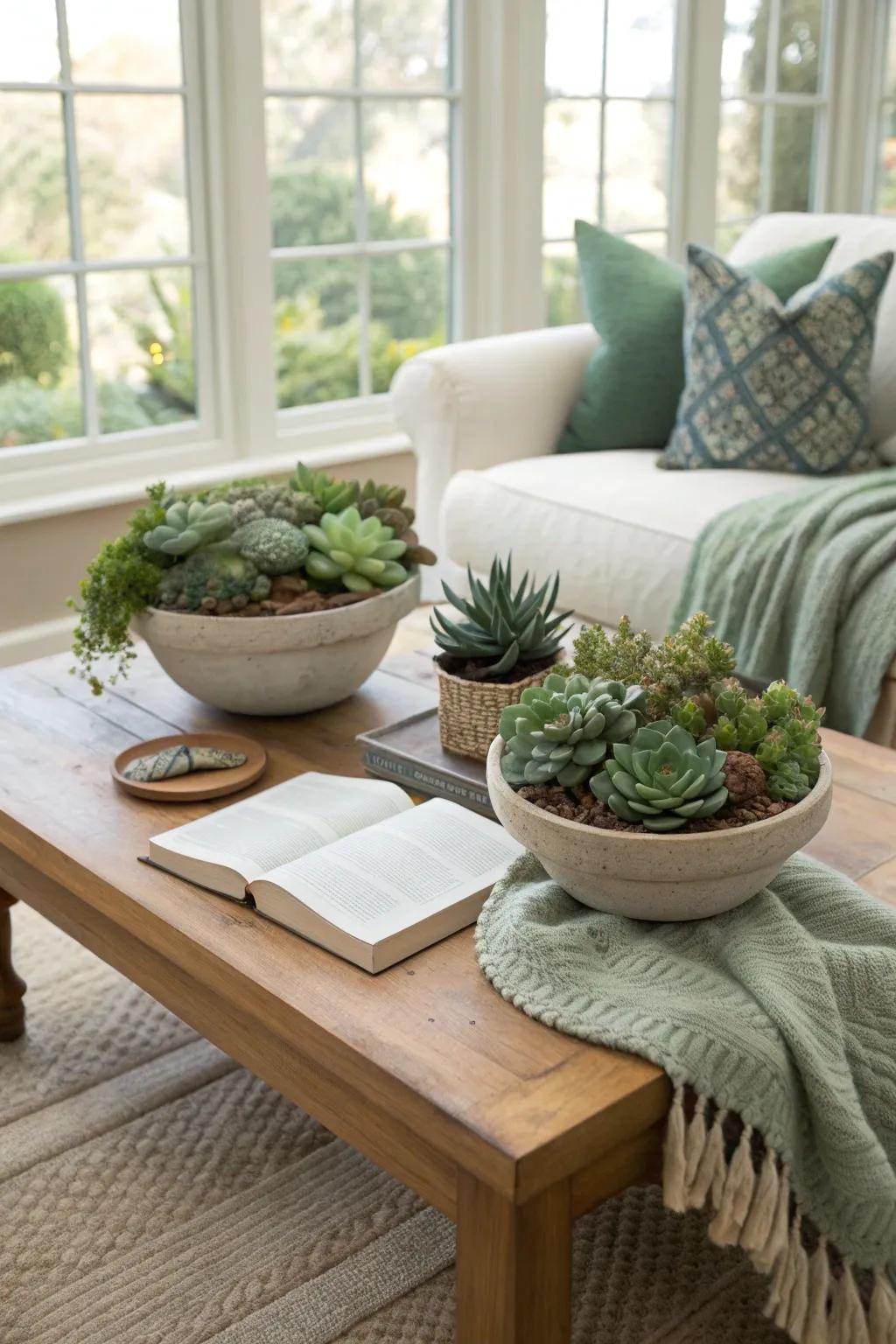 Create a lush centerpiece for your coffee table with a succulent garden that brings nature indoors. 🌿 #TabletopGarden #InteriorInspo