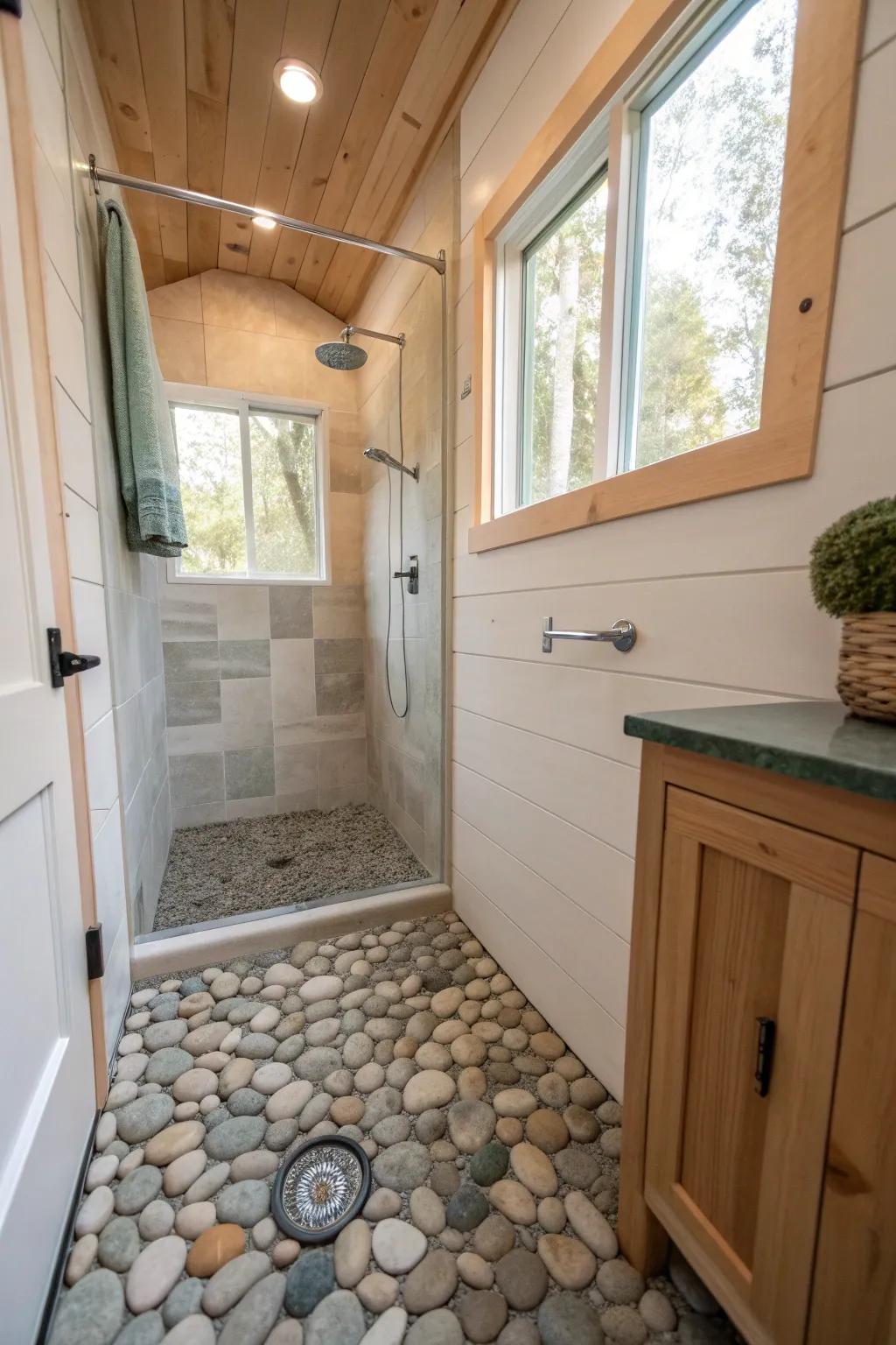 Step into luxury with pebble floor tiles that add a spa-like touch to your tiny shower. 🛁 #BathroomGoals #TinyHouse