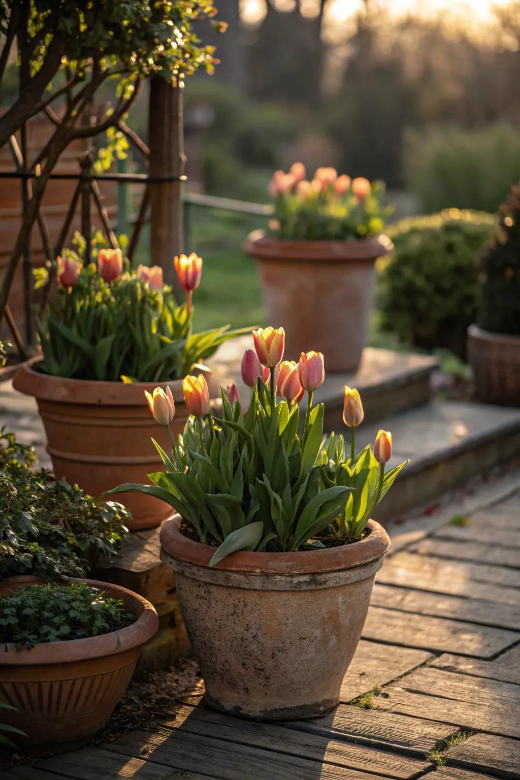 Bring rustic warmth with tulips in terracotta pots, perfect for any windowsill. #CozyHome #TulipIdeas