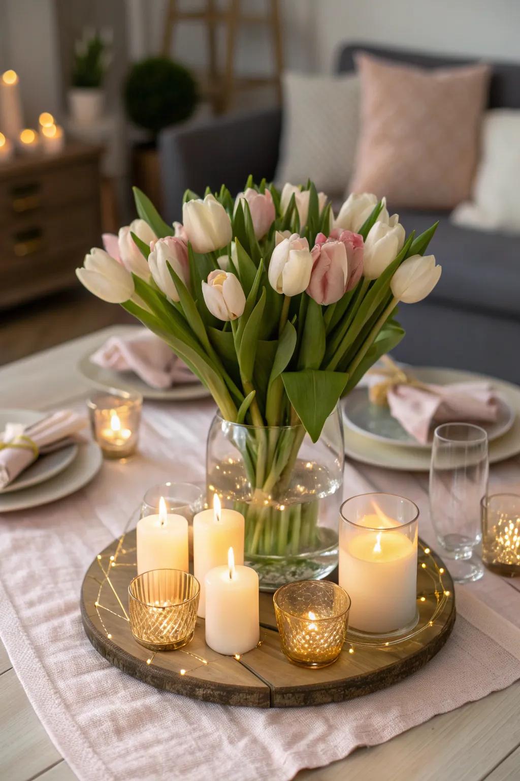 Create a romantic ambiance with tulips and candlelight. #RomanticDecor #CandlelitDinner 🌹