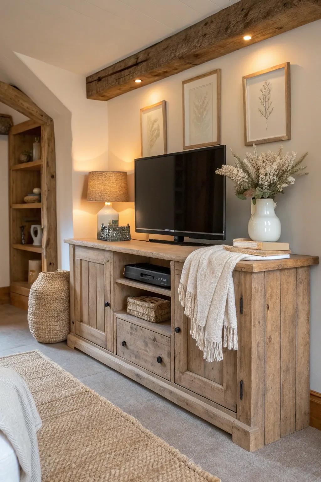 Rustic charm brings warmth and character to your TV nook. 🌾 #RusticLiving #WarmInteriors