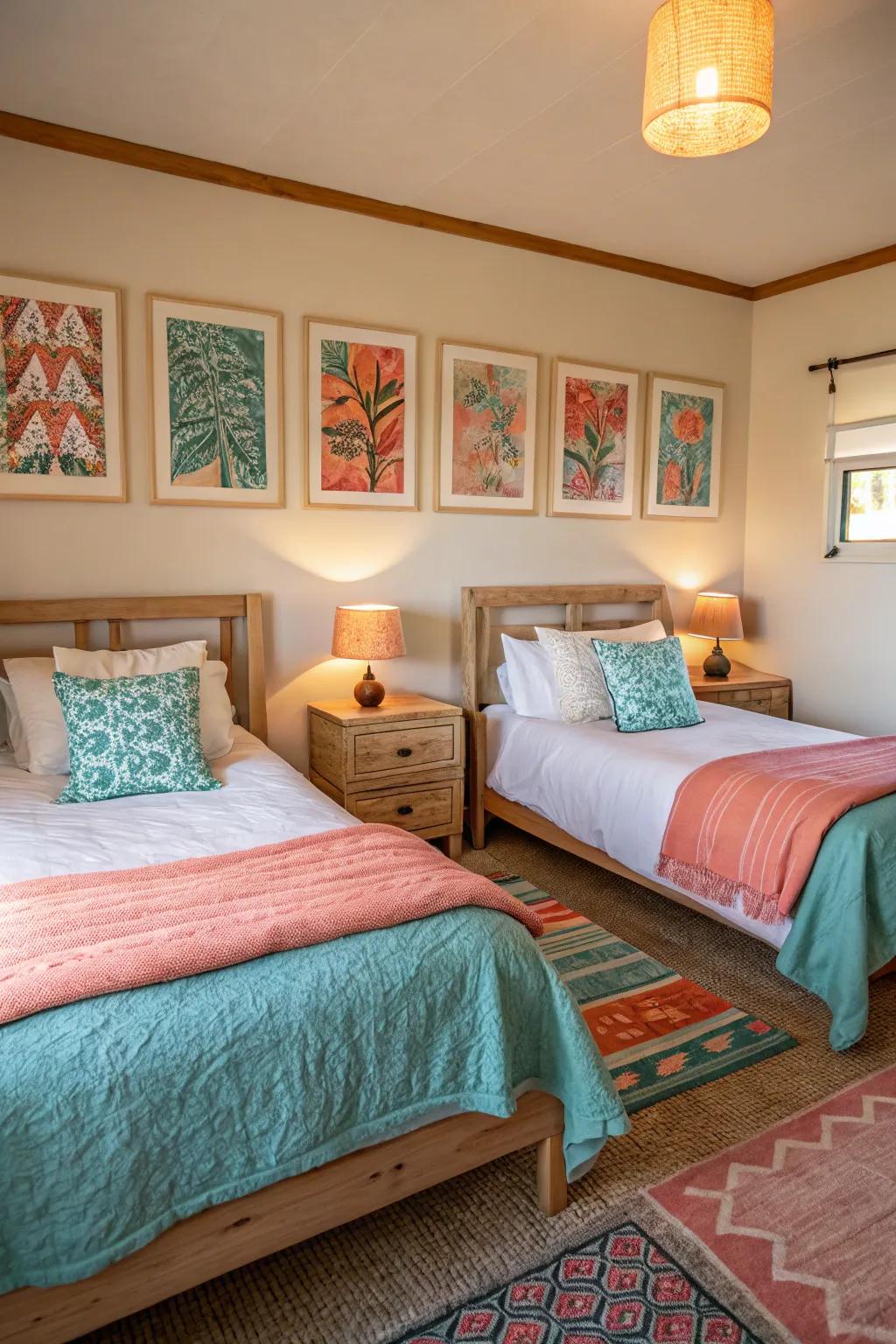 Let art speak volumes above the beds, adding personal flair. 🖼️ #ArtfulLiving #CreativeSpaces