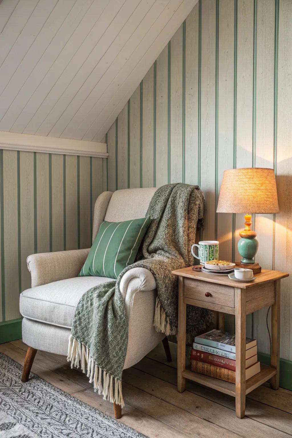 Create a peaceful retreat with stripes that add warmth and texture. #ReadingNook #HomeComfort