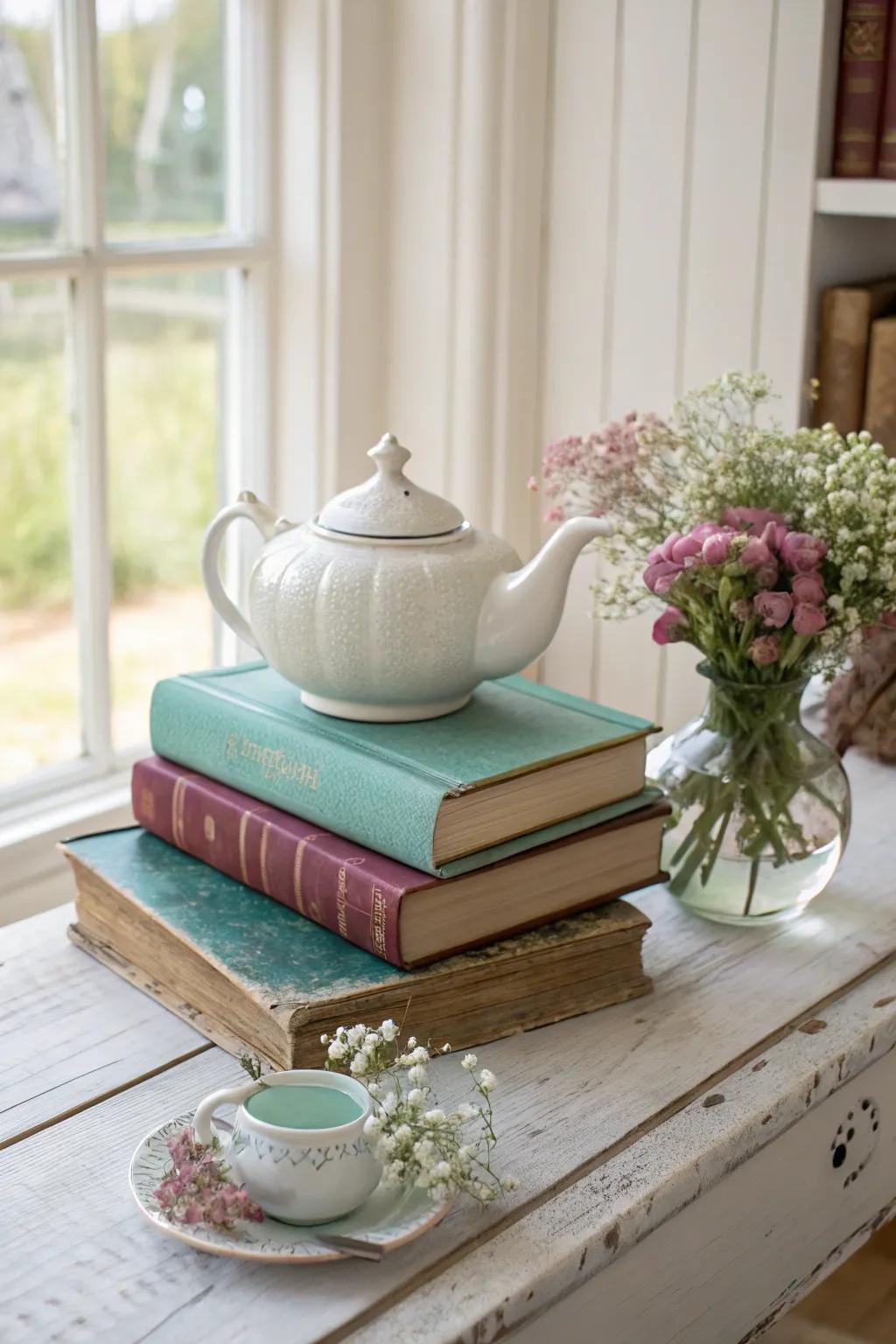 Make your centerpiece a conversation starter with unique vintage elements. 📚🫖 #CenterpieceIdeas #VintageDecor