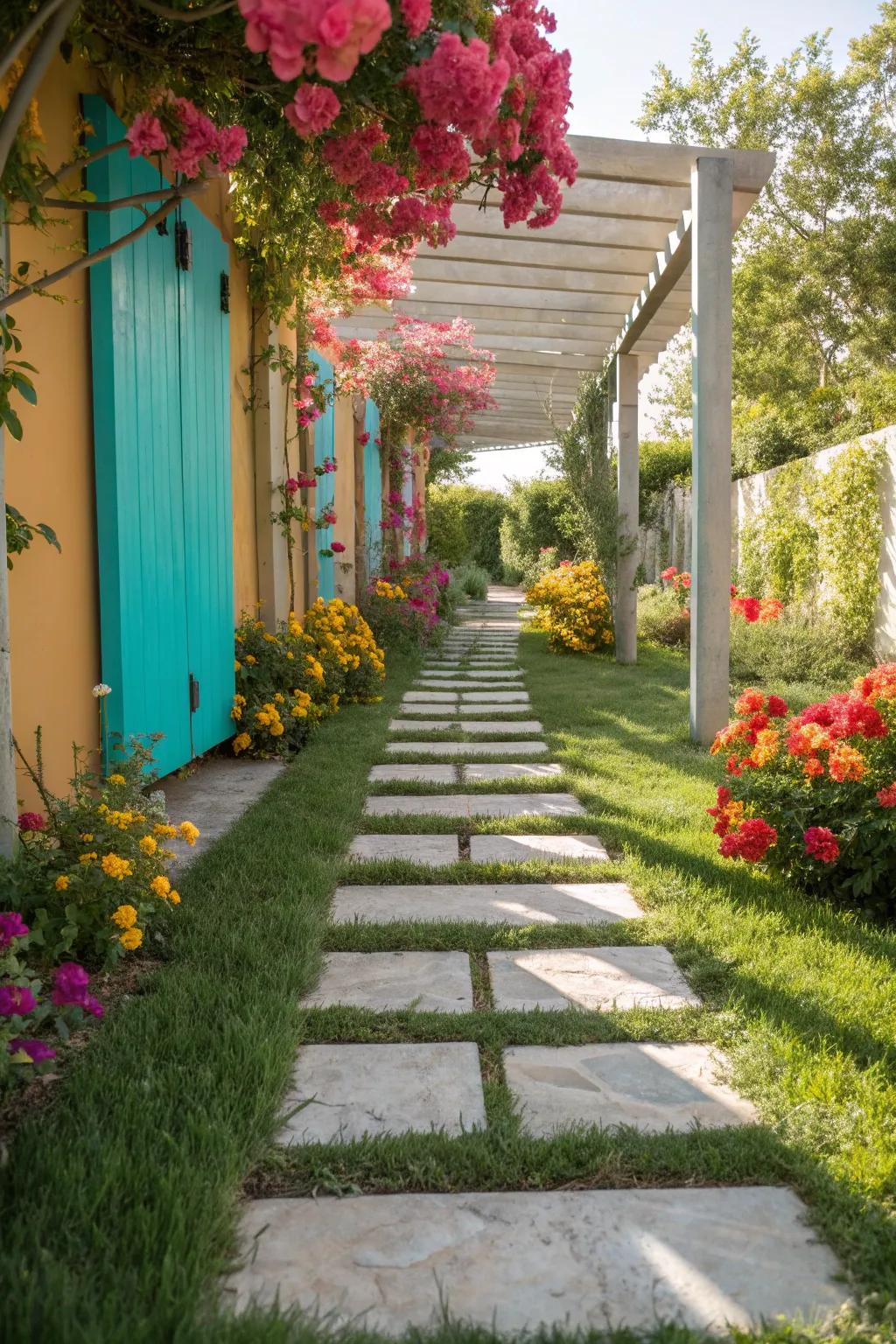 Find tranquility with a stepping stone walkway that offers a peaceful garden stroll. 🌿 #SteppingStones #GardenDesign