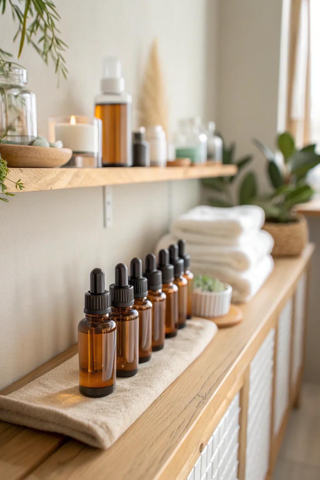 Create a soothing atmosphere with scented oil diffusers in mini bottles.