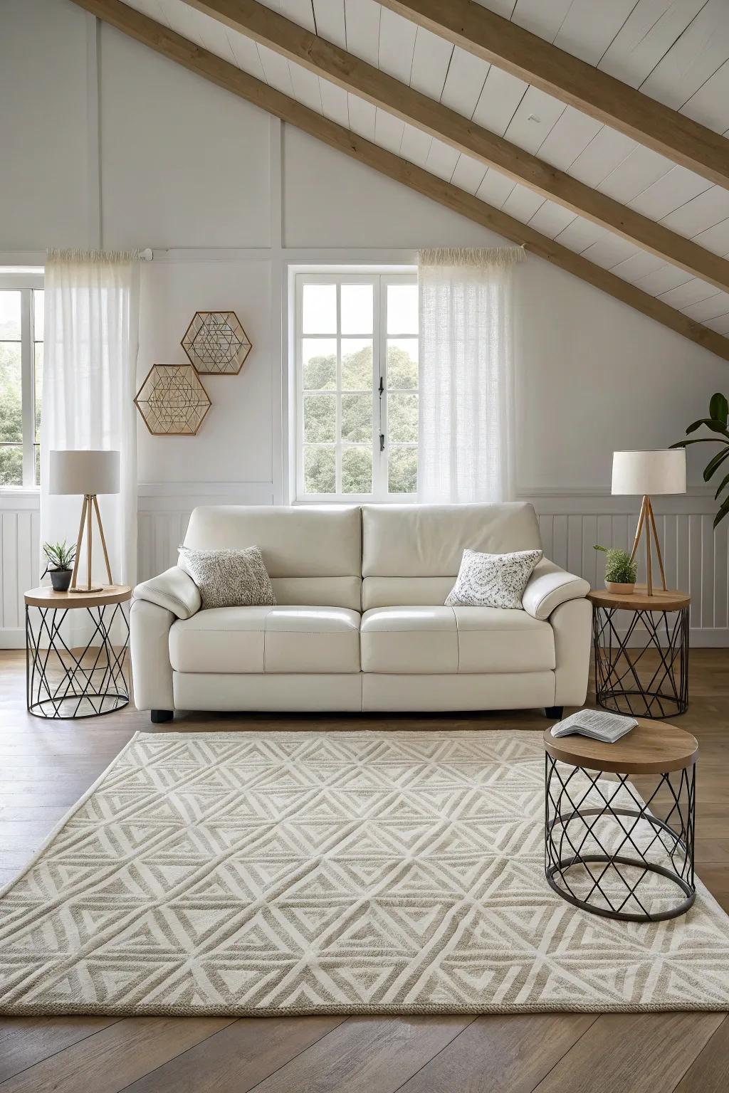 Symmetry and geometry create a harmonious space centered around a white leather sofa. #GeometricDesign #LivingRoomGoals