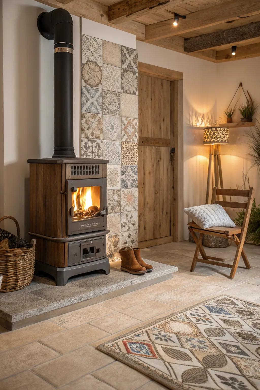 Enjoy the cozy warmth of wood-effect tiles around your stove, perfect for creating a snug atmosphere. #WoodEffect #CozyHome