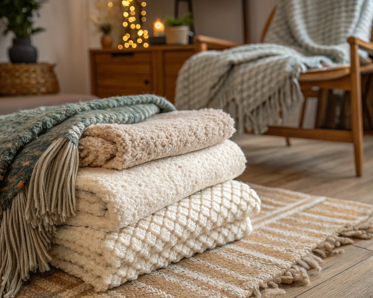 A collection of cozy textures, including boucle and wool, enhancing a modern interior.