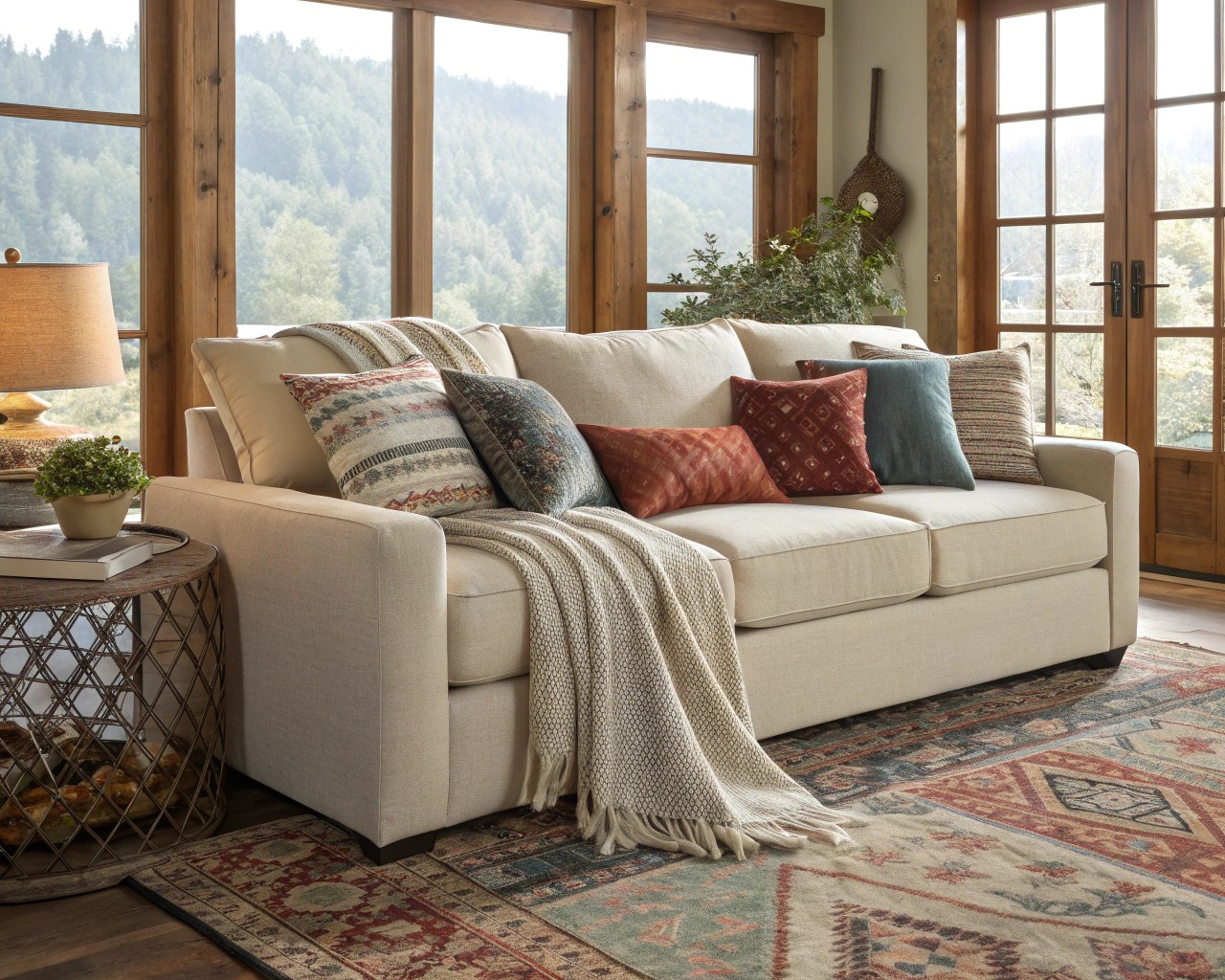 A modern living space layered with cozy textiles and sleek furniture for a balanced aesthetic.